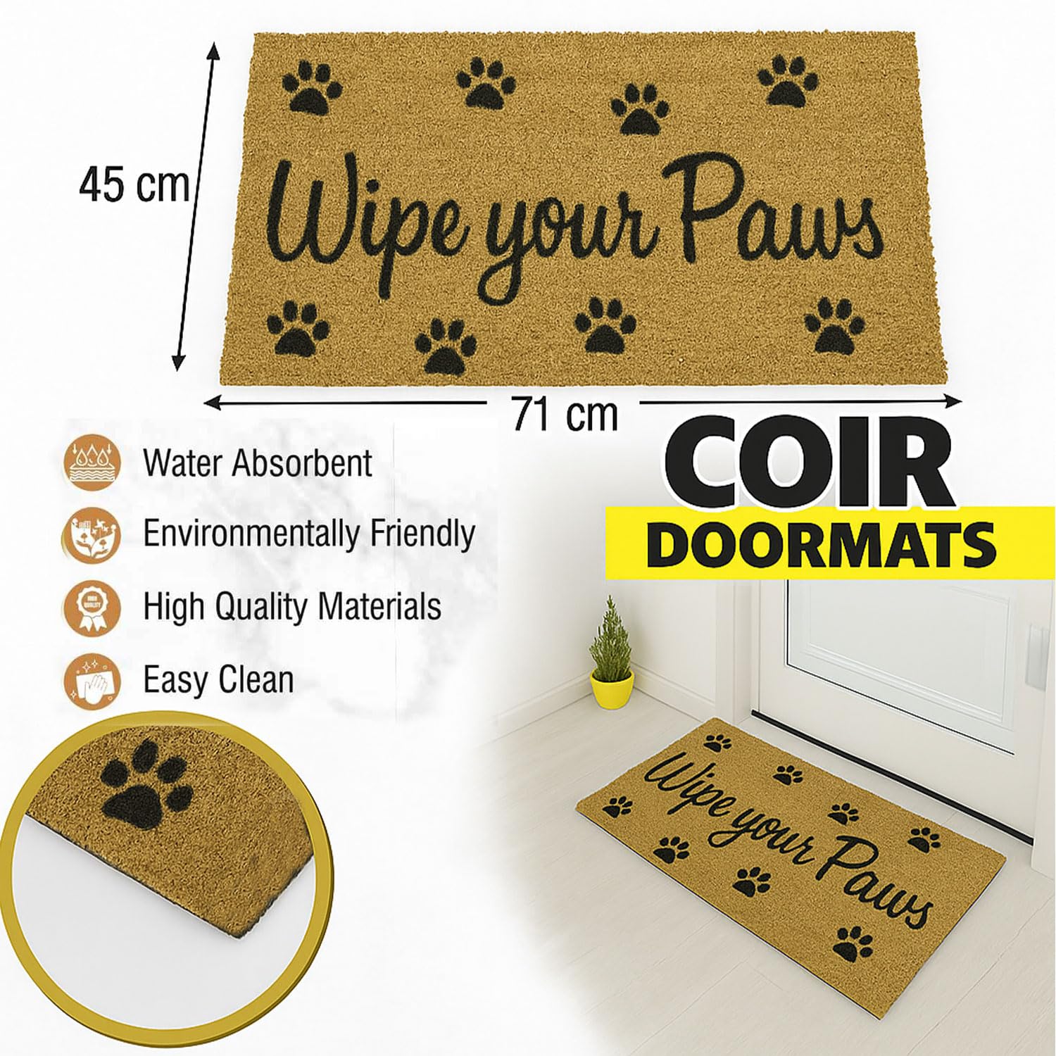 Coir Doormat for Home Entrance (Wipe Your Paws Print Design,71x45 cm)
