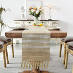 Table Runner with Tassels Stripe(Elegant Beige & White Woven  13 x 74 Inch)