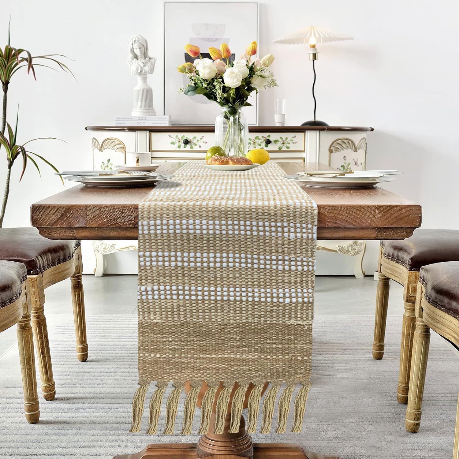 Table Runner with Tassels Stripe(Elegant Beige & White Woven  13 x 74 Inch)