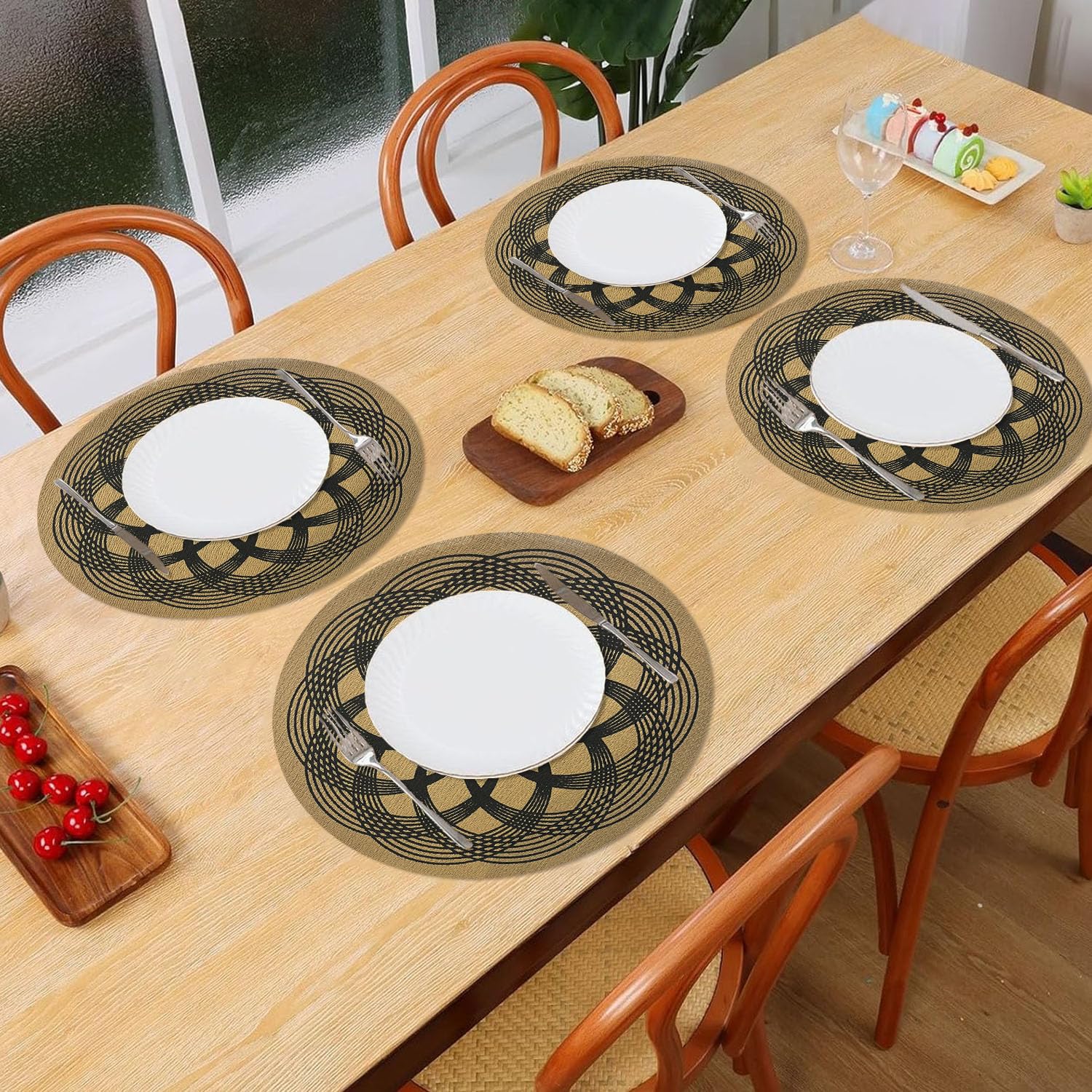 LUXE HOME INTERNATIONAL PVC Vinyl Metallic Table Round Placemats for Dining Table Rangoli Black, Heat Resistant & Waterproof | Easy to Clean Decorative Dining Mats - (Set of 4) STSWY0078