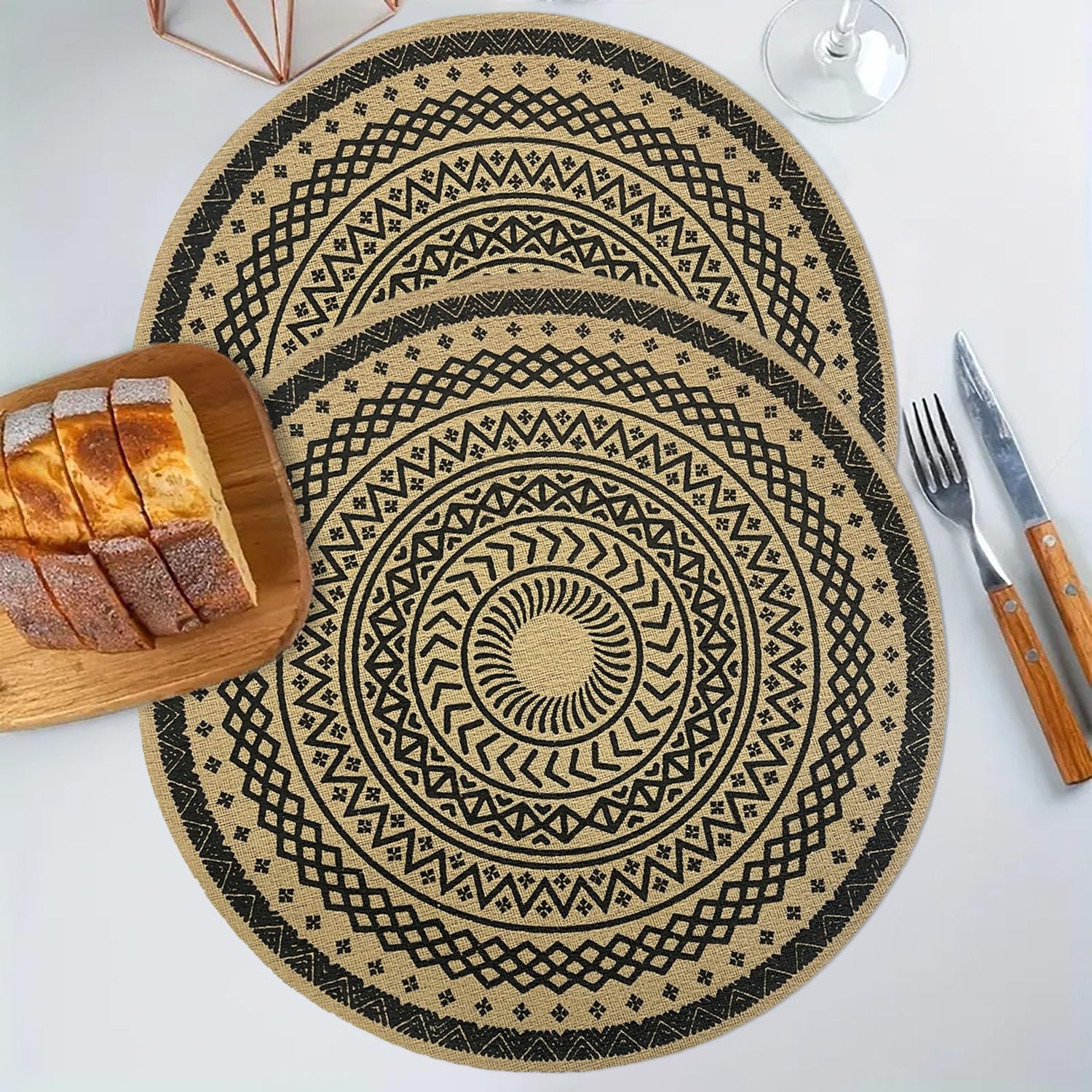 LUXE HOME INTERNATIONAL PVC Vinyl Metallic Table Round Placemats for Dining Table Mandala Black, Heat Resistant & Waterproof | Easy to Clean Decorative Dining Mats - (Set of 2) STSWY0077