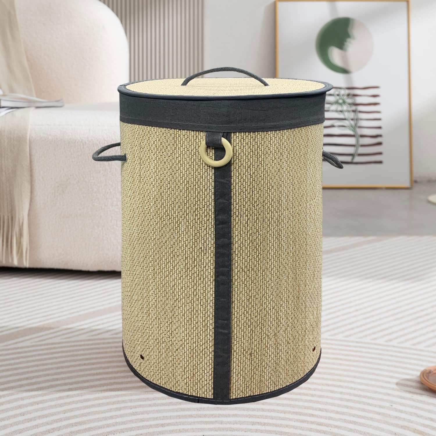 Round Bamboo Laundry Basket with Lid (Beige, 35x35x50 cm)