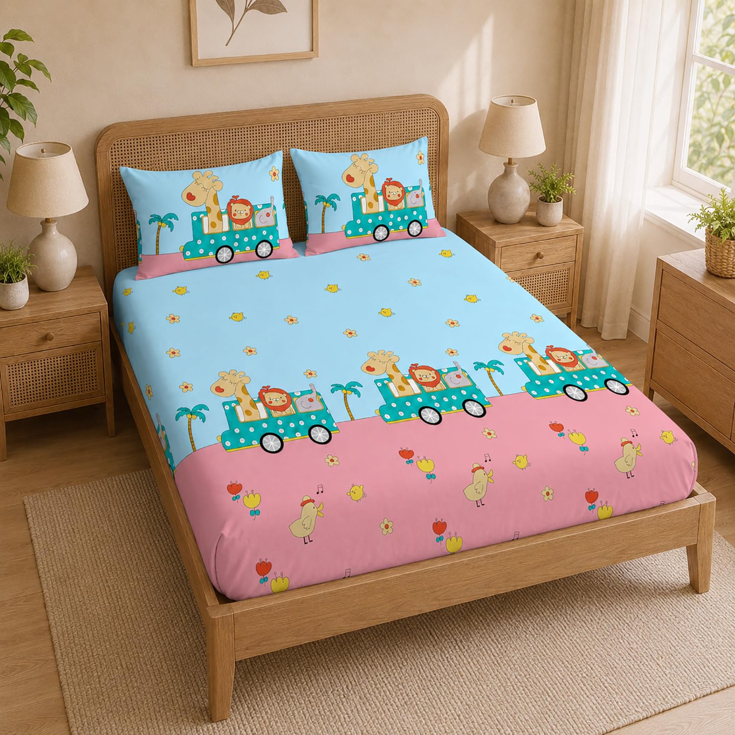 Double Bedsheet With 2 Pillow Covers Triangles Pattern 200 TC 100% Cotton Feel ( Queen Size 90x90 Inch Grey Set Of 3 )