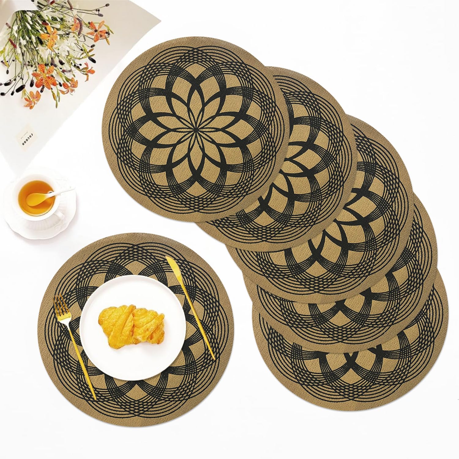 LUXE HOME INTERNATIONAL PVC Vinyl Metallic Table Round Placemats for Dining Table Rangoli Black, Heat Resistant & Waterproof | Easy to Clean Decorative Dining Mats - (Set of 6) STSWY0078