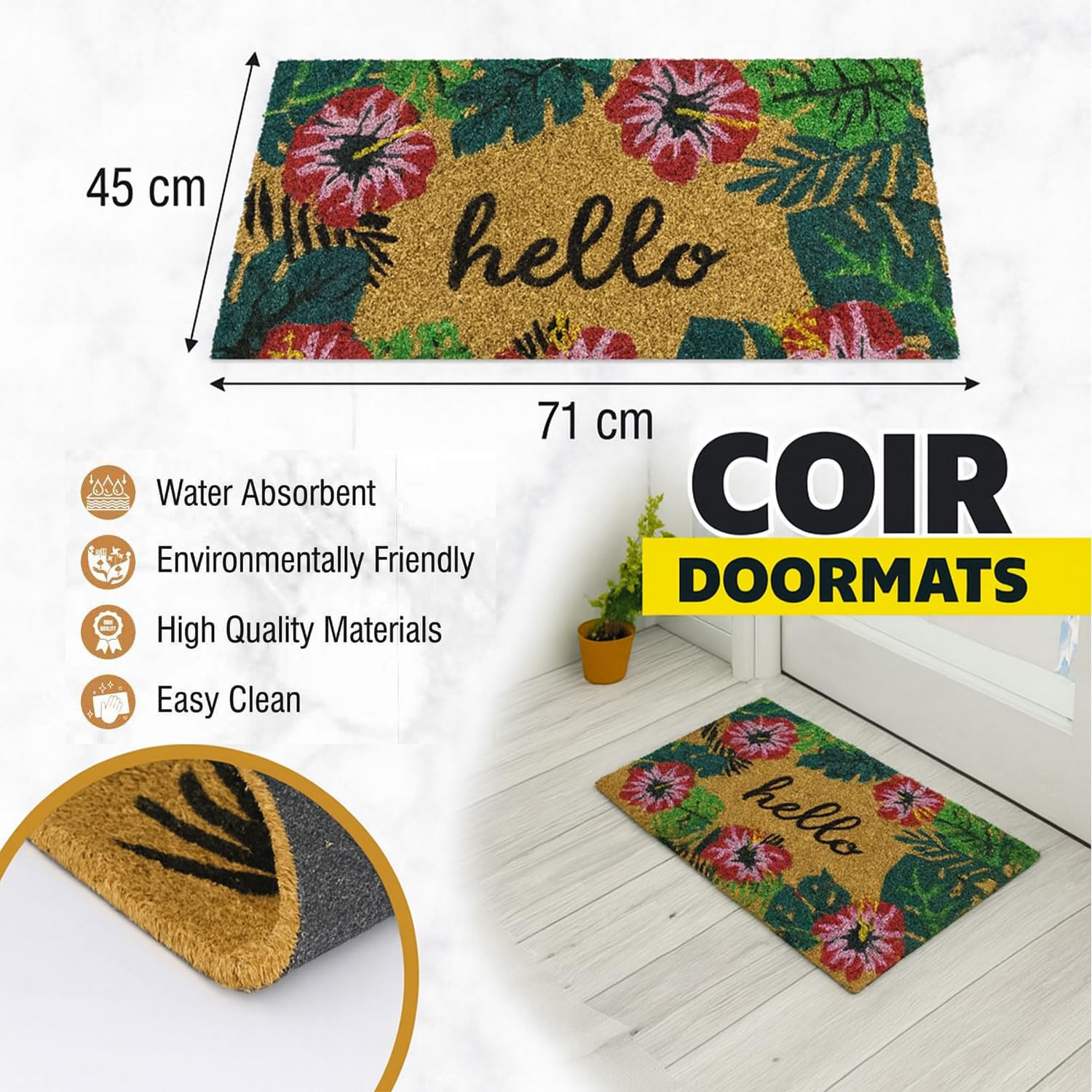 Coir Doormat for Home Entrance (Hello Floral Print Design ,71x45 cm)
