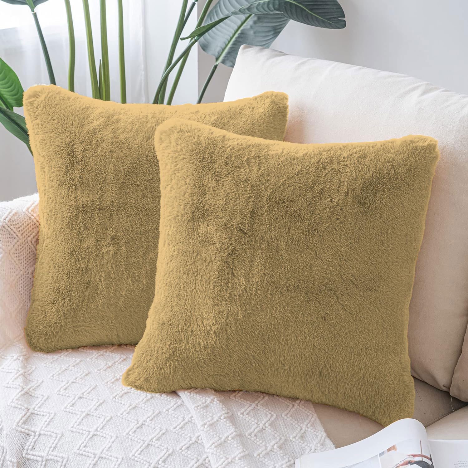 Cushion Cover Duble Side Rabbit Fur Set of 2(16 x 16 inch , Anti Gold)