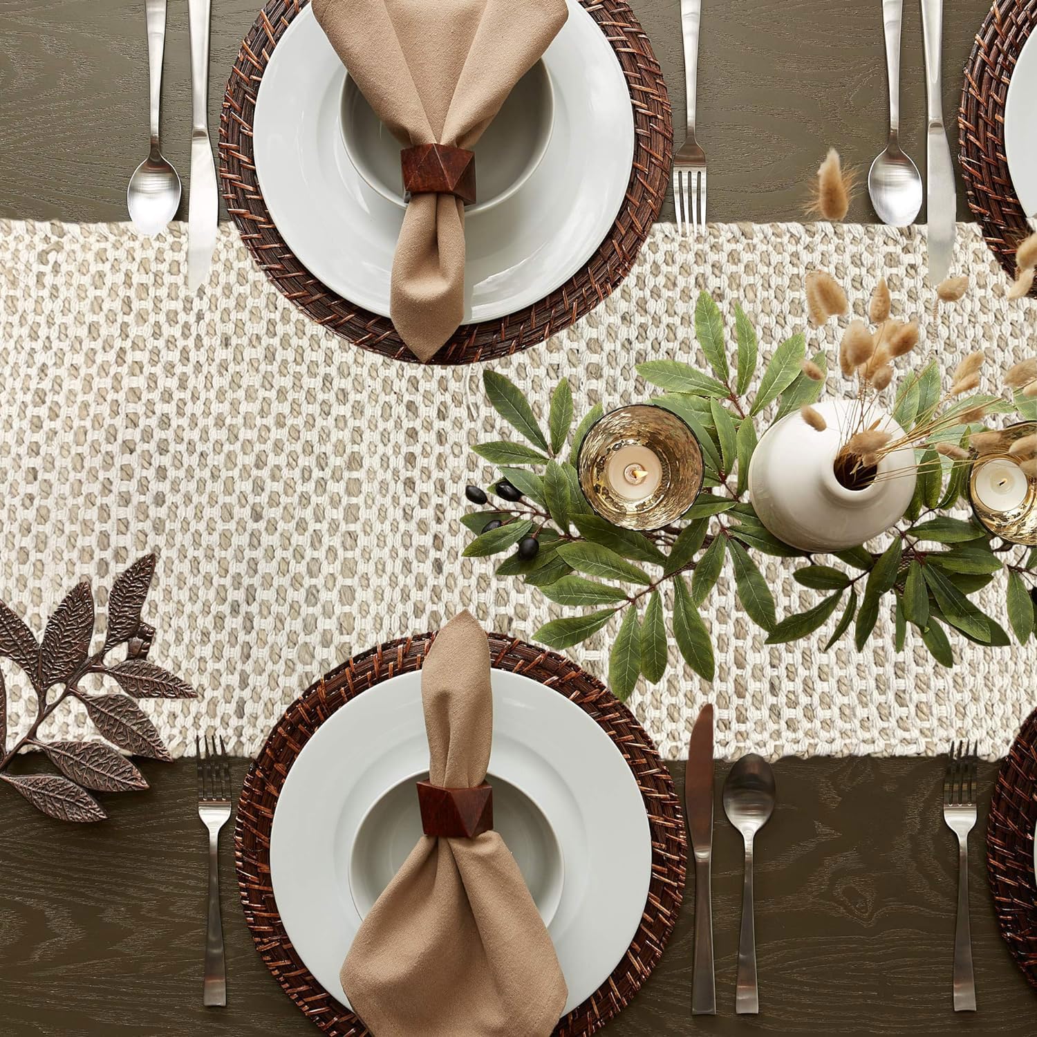 Table Runner with Tassels Honeycomb (Elegant Beige & White Woven  13 x 74 Inch)
