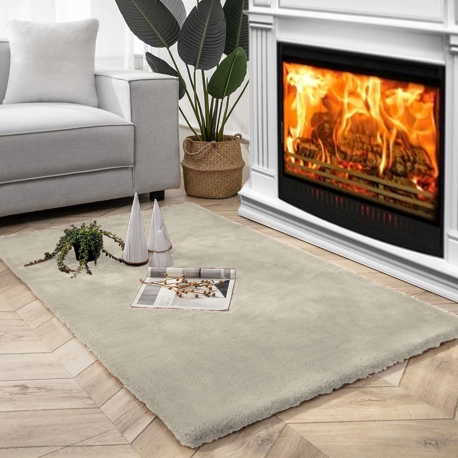 Rabbit Fur Soild Carpet (Beige, 3x5 Feet)