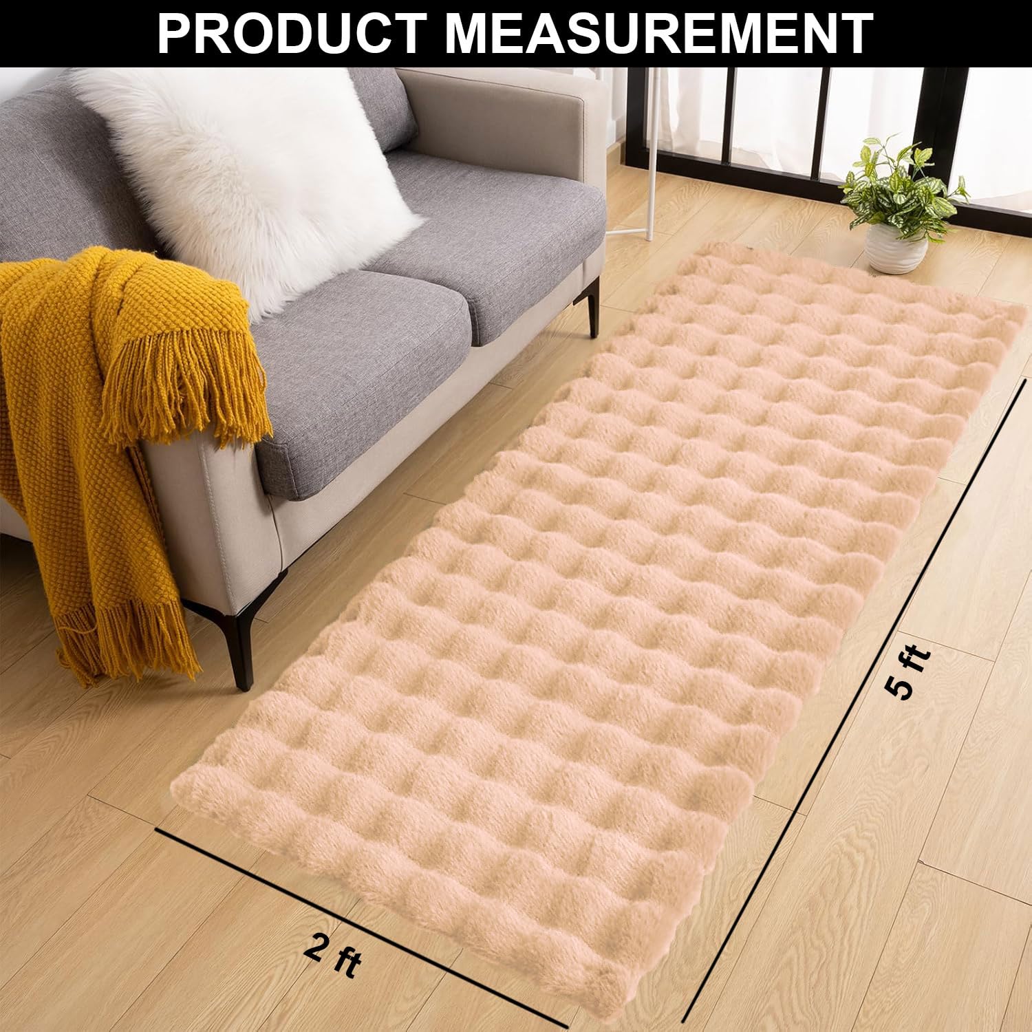 Bubble Rabbit Fur Floor Runner For Bedroom (2x5 Feet , Peach)