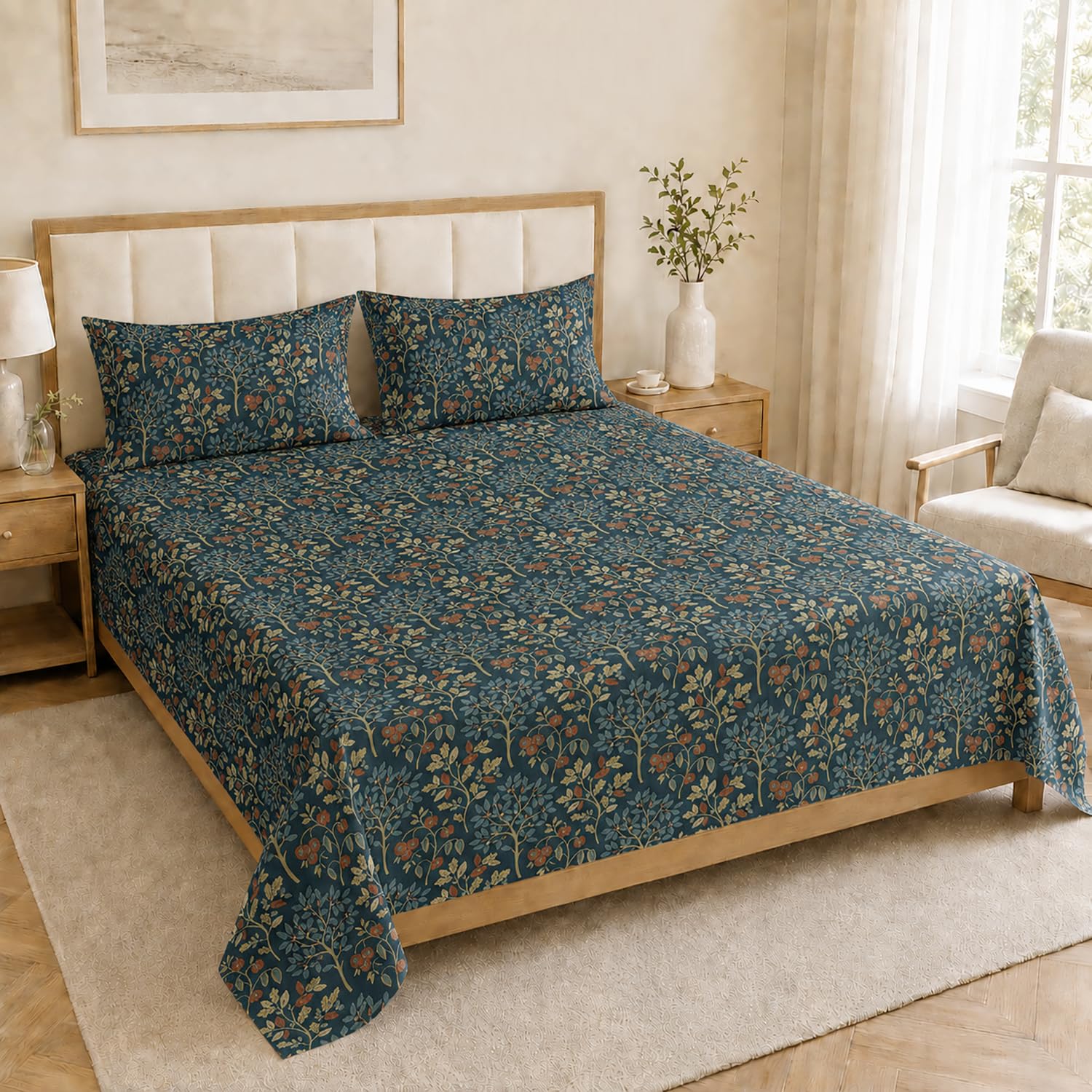 Double Bedsheet with 2 Pillow Covers Premium 240 TC 100% Cotton Feel King Size (108x108 inch , Blue )