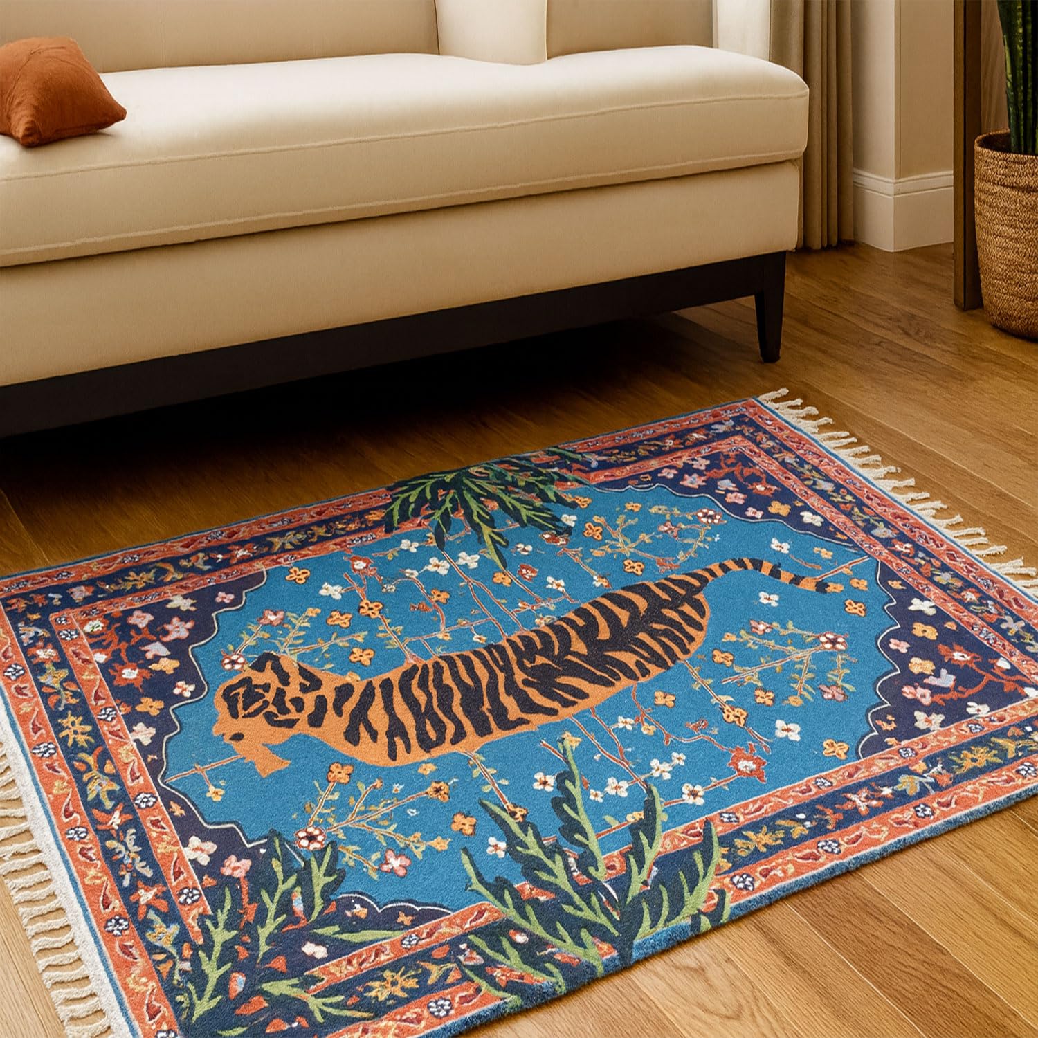 Polyester Blue Tiger Design Carpets with Tassel Latex Backing (3x5ft , Multi)