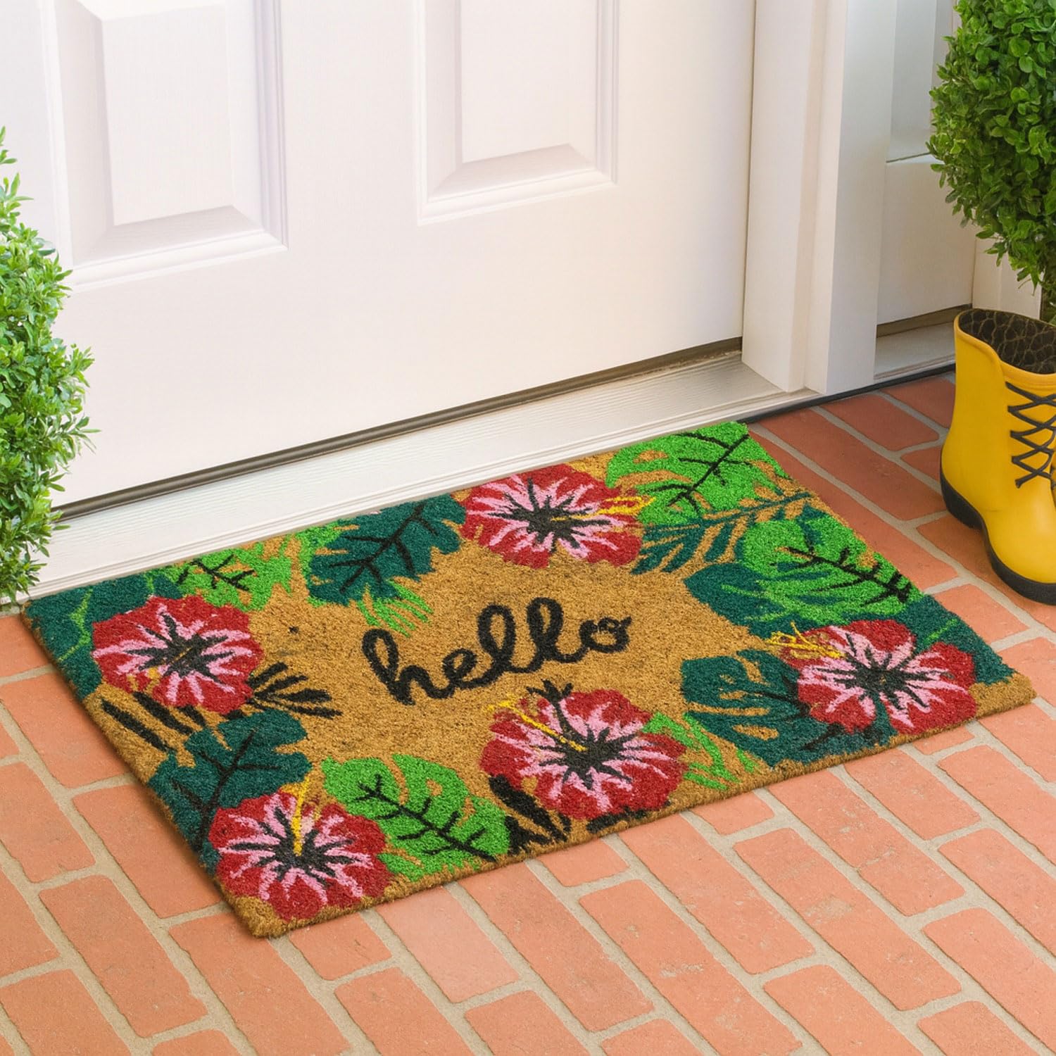 Coir Doormat for Home Entrance (Hello Floral Print Design ,71x45 cm)