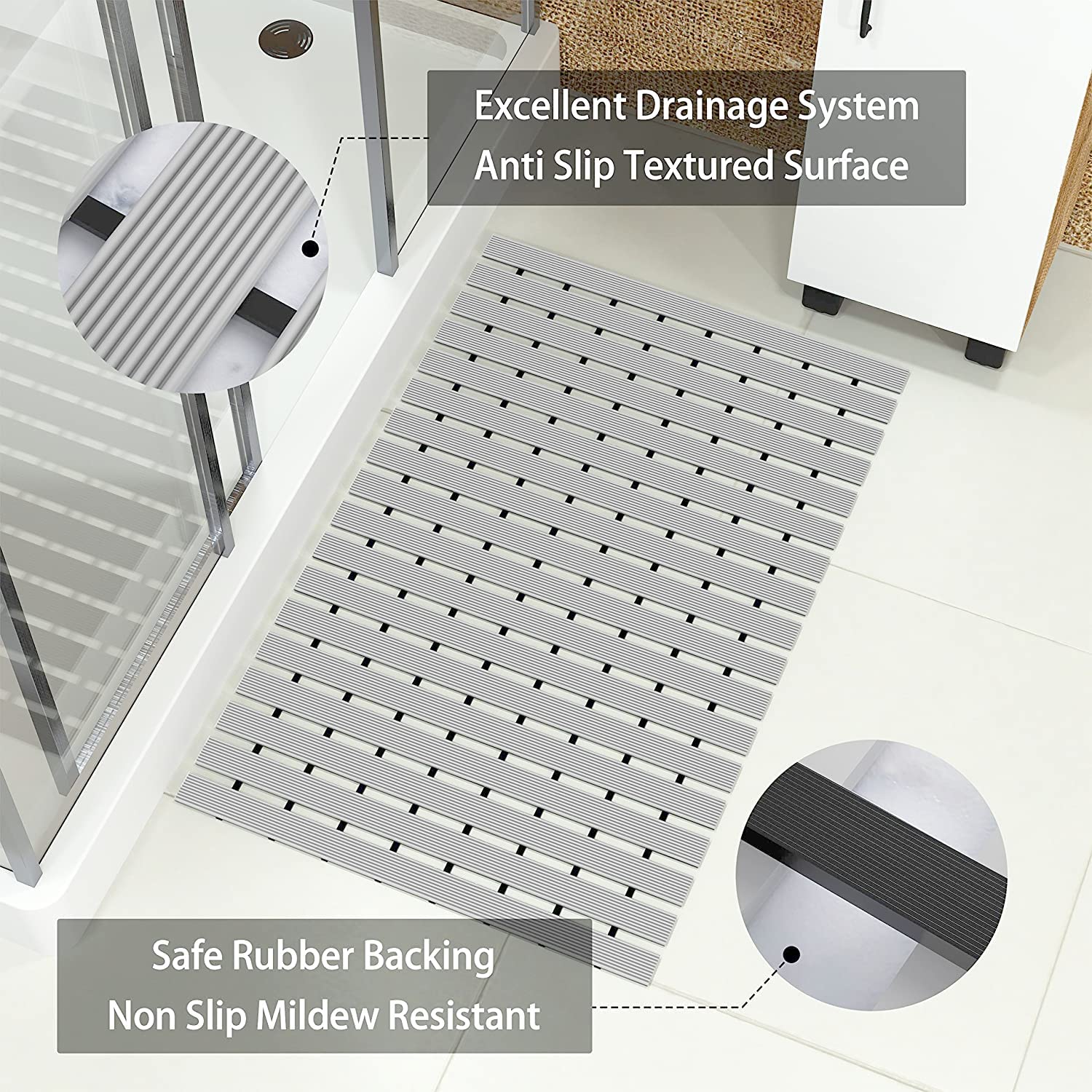 Shower Mat for Bathroom Anti Slip  (Grey, 17x24 Inch)