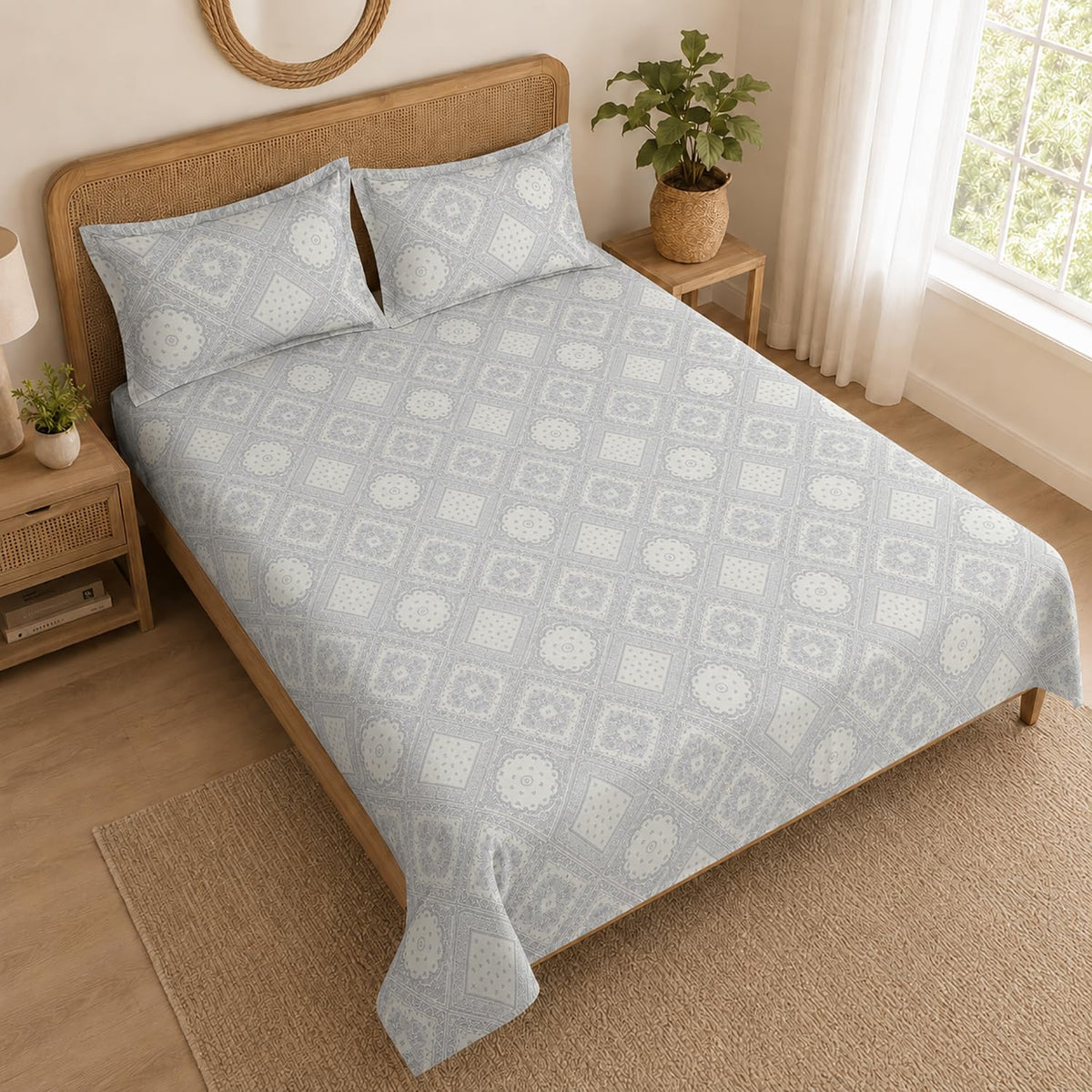 Double Bedsheet With 2 Pillow Covers Classic Pattern 200 TC 100% Cotton Feel ( Queen Size 90x90 Inch Multi Set Of 3 )
