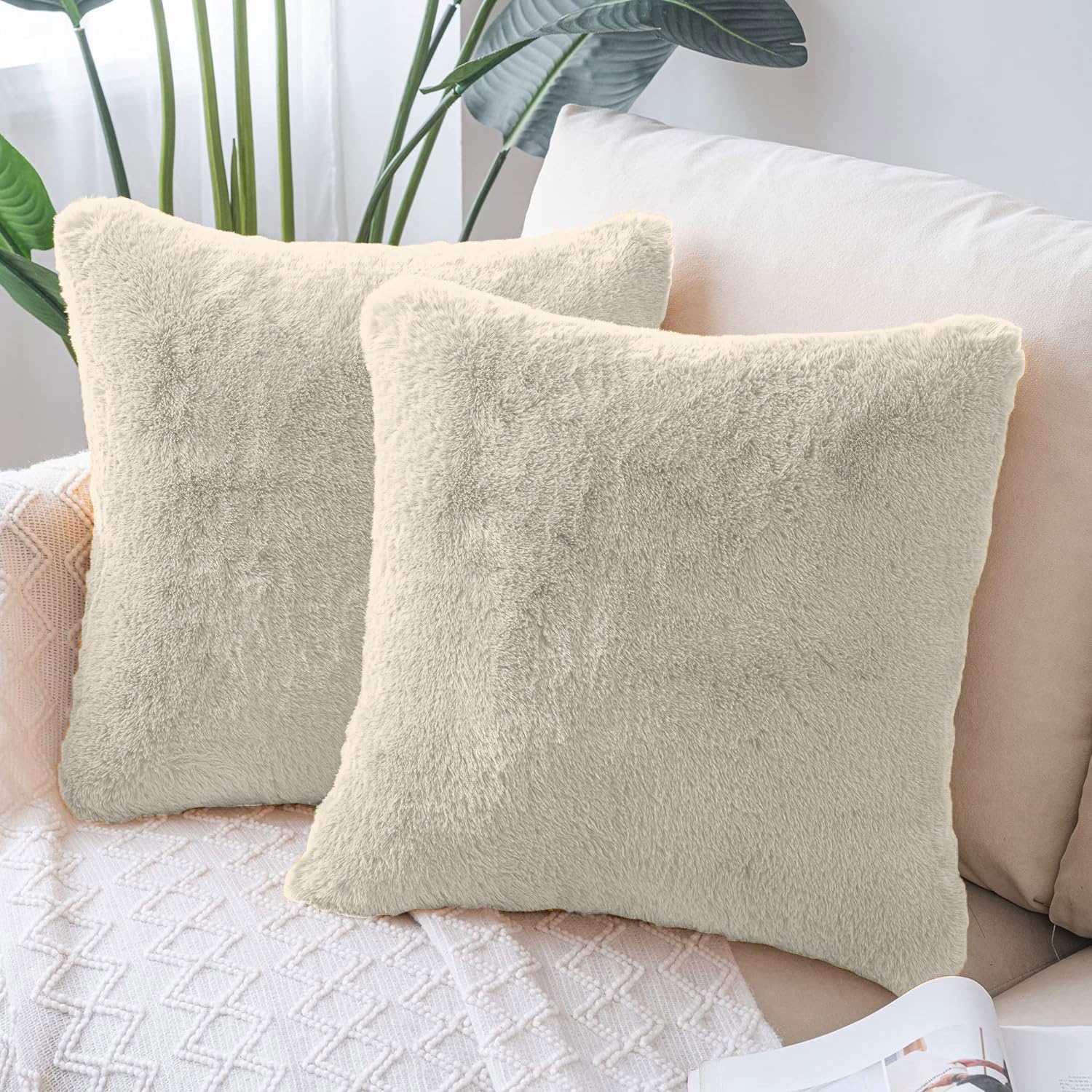 Cushion Cover Duble Side Rabbit Fur Set of 2(16 x 16 inch , Beige)