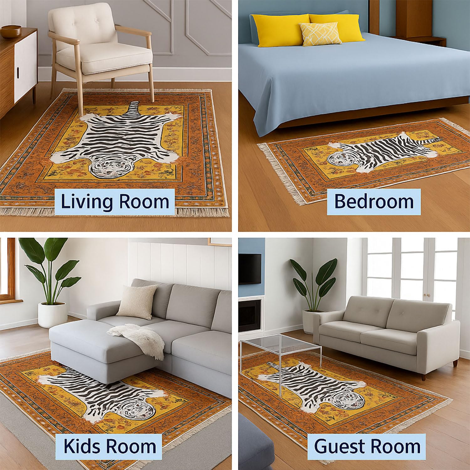 Polyester White Tiger Design Carpets with Tassel Latex Backing (3x5ft, Multi)