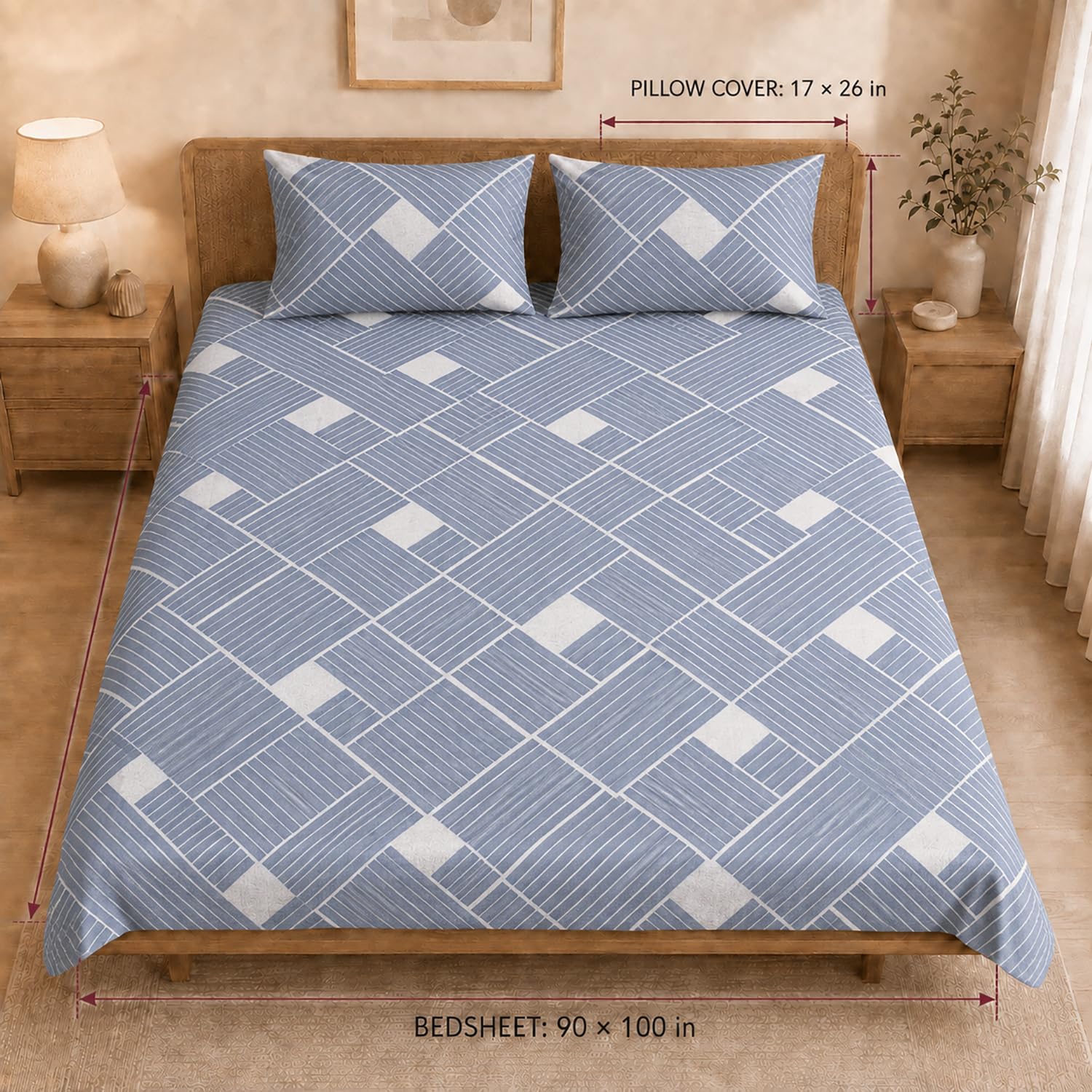 Double Bedsheet with 2 Pillow Covers 220 TC 100% Cotton Feel King Size( Blue , 90x100inch )