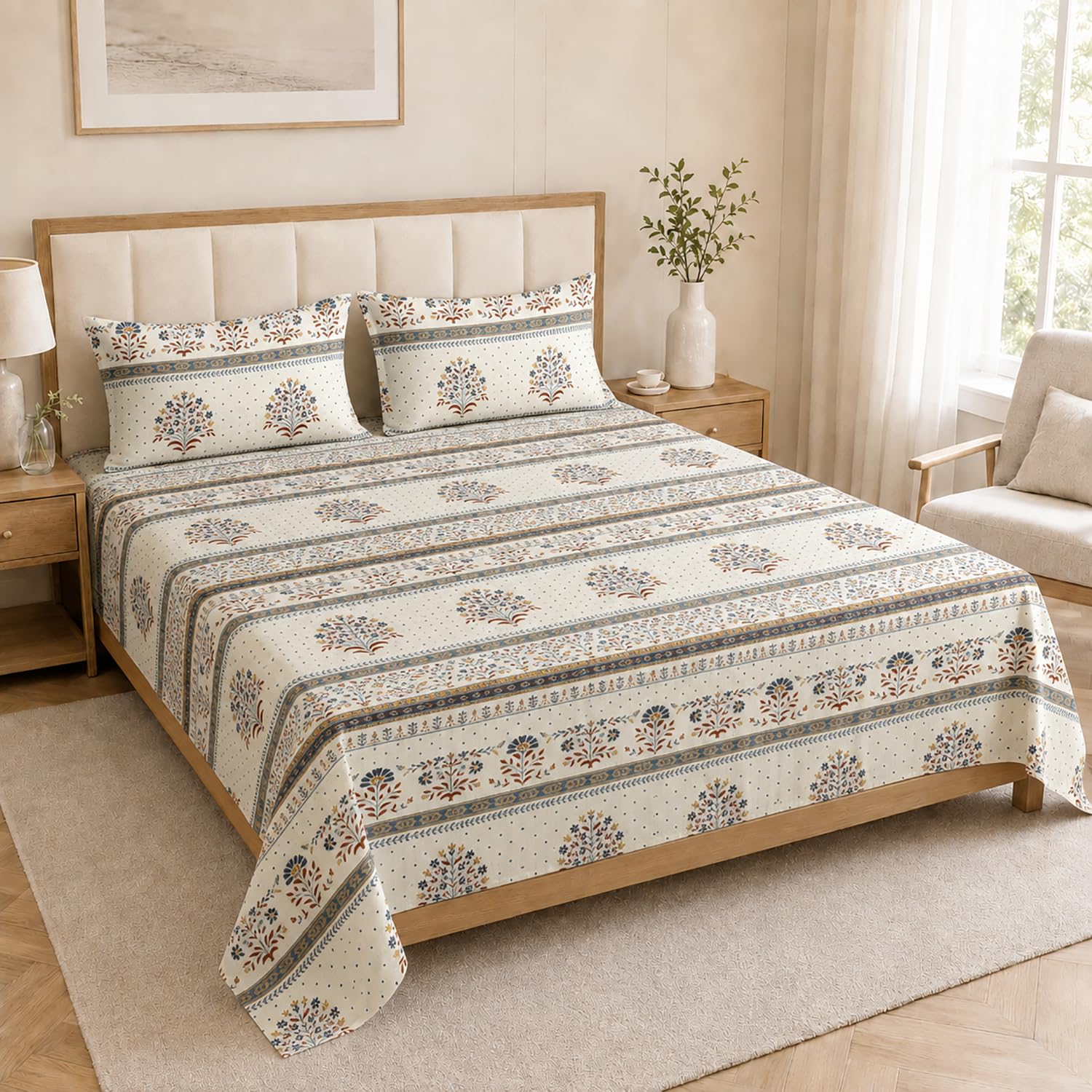 King Size Double Bedsheet with 2 Pillow Covers Premium Floral Stripe Printed 108x108 inch