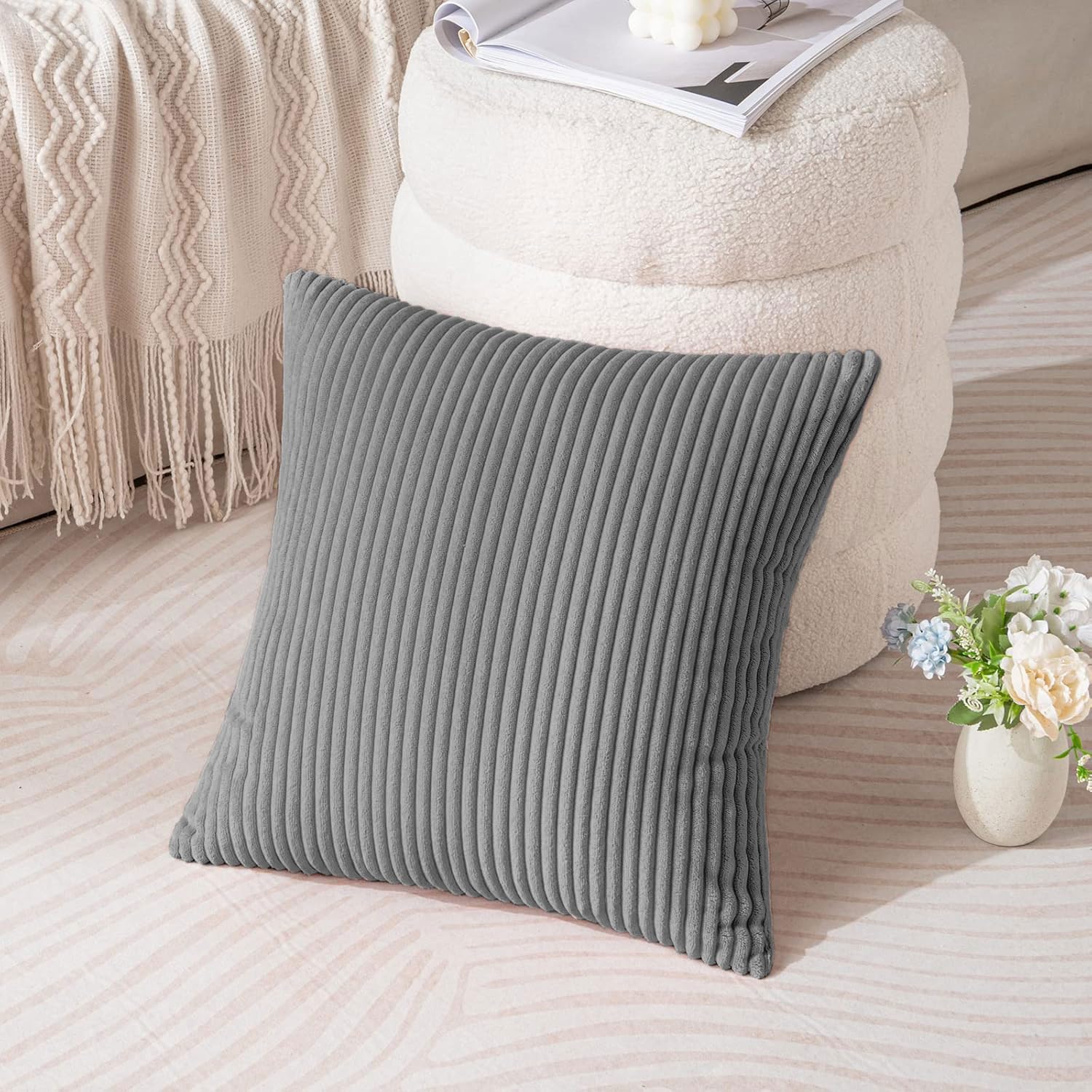 Corduroy Cushion Cover Super Soft (16x16 Inch, Grey)