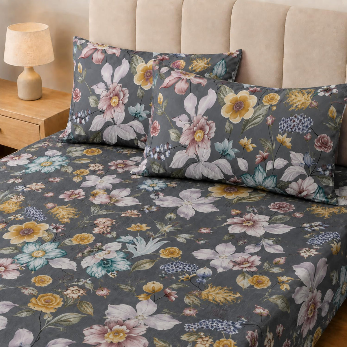 Double Bedsheet with 2 Pillow Covers Premium 240 TC 100% Cotton Feel ( King Size Charcoal 108x108 inch )