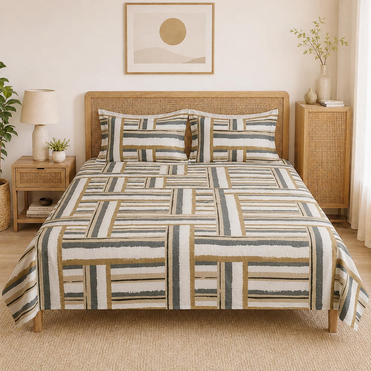 Double Bedsheet With 2 Pillow Covers Mandala Pattern 200 TC 100% Cotton Feel ( Queen Size 90x90 Inch White Set Of 3 )