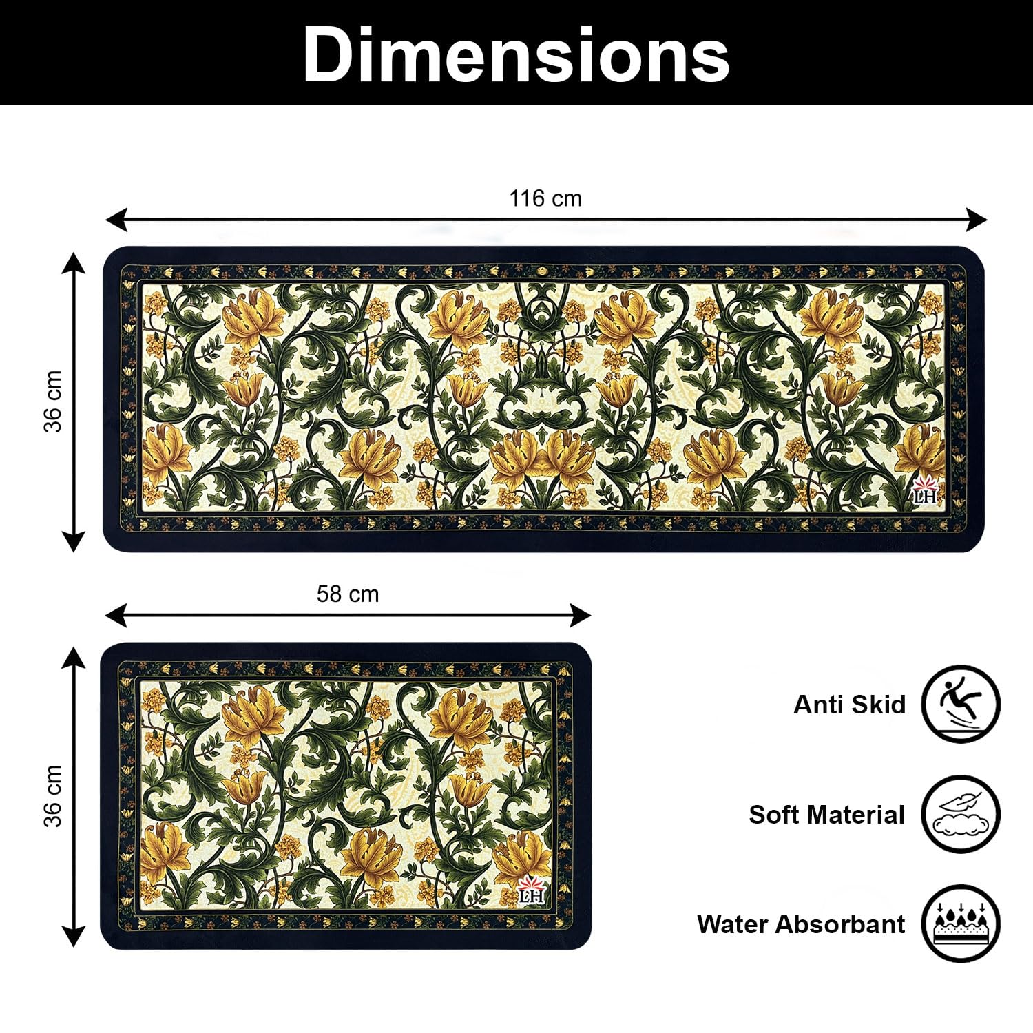 Kitchen Mat Combo  (116x36 & 58x36 cm,Yellow)