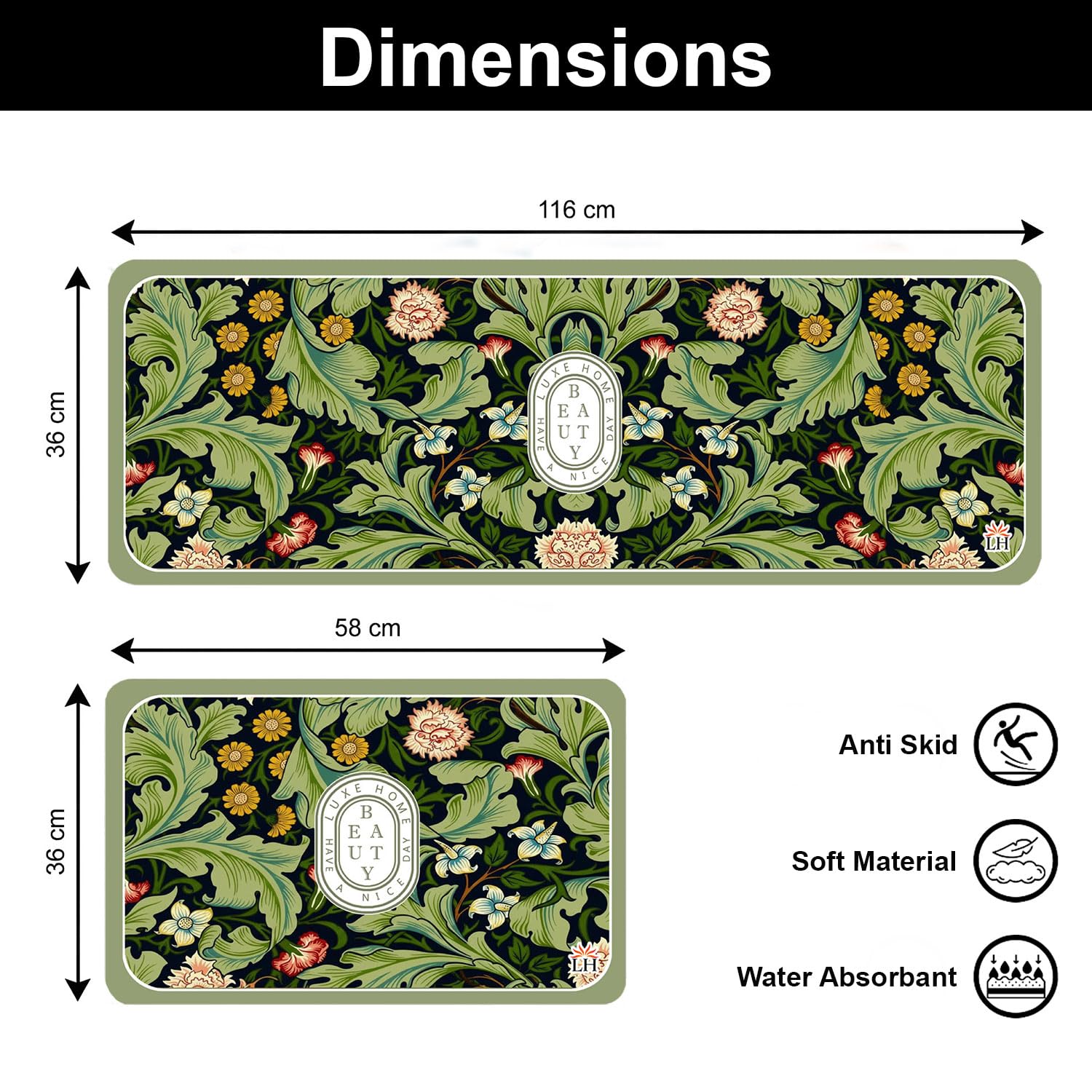 Kitchen Mat Combo  (116x36 & 58x36 cm,Green)