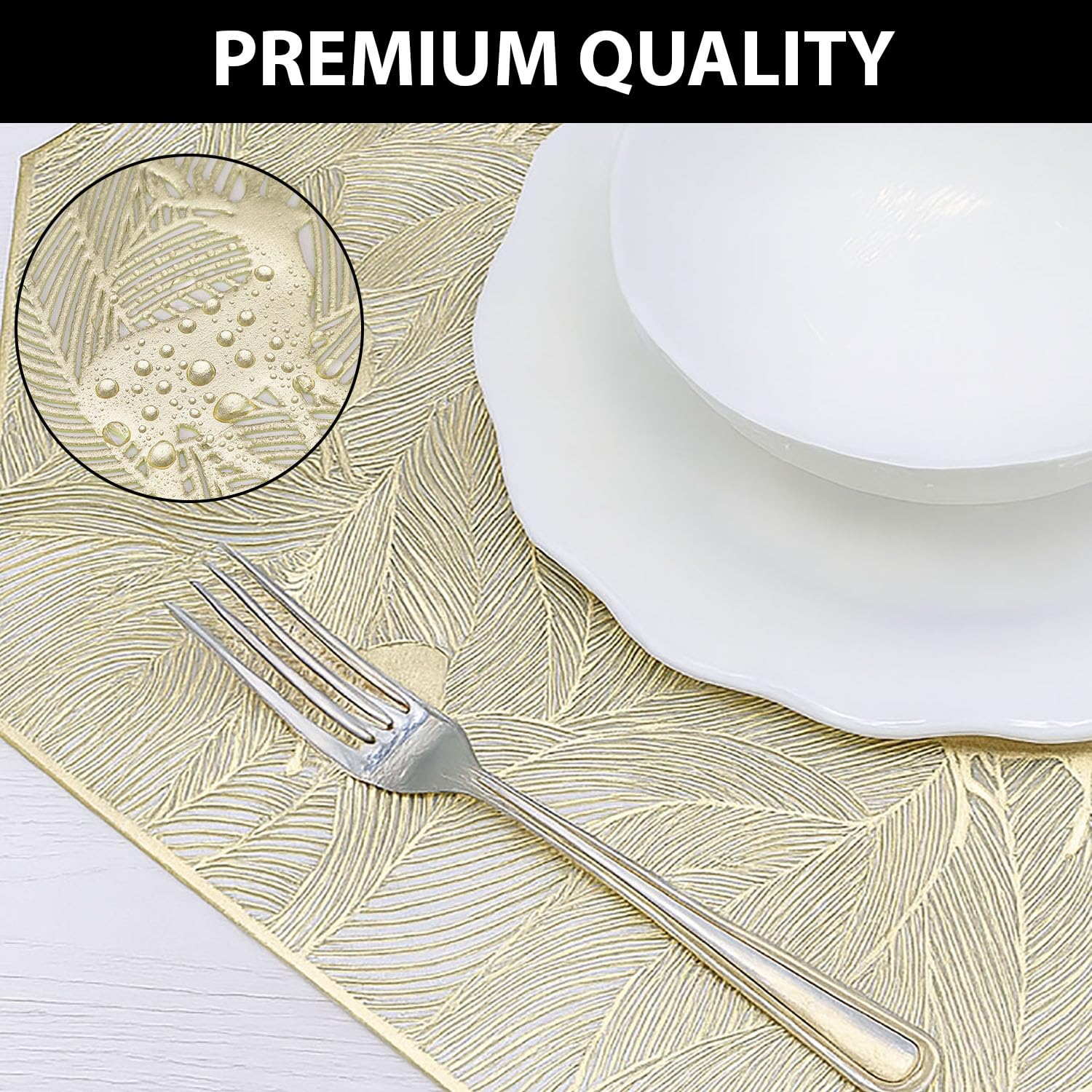 LUXE HOME INTERNATIONAL PVC Vinyl Metallic Table Round Placemats for Dining Table Gold, Heat Resistant & Waterproof | Easy to Clean Decorative Dining Mats - (Set of 2) ST062TJ-3MJ