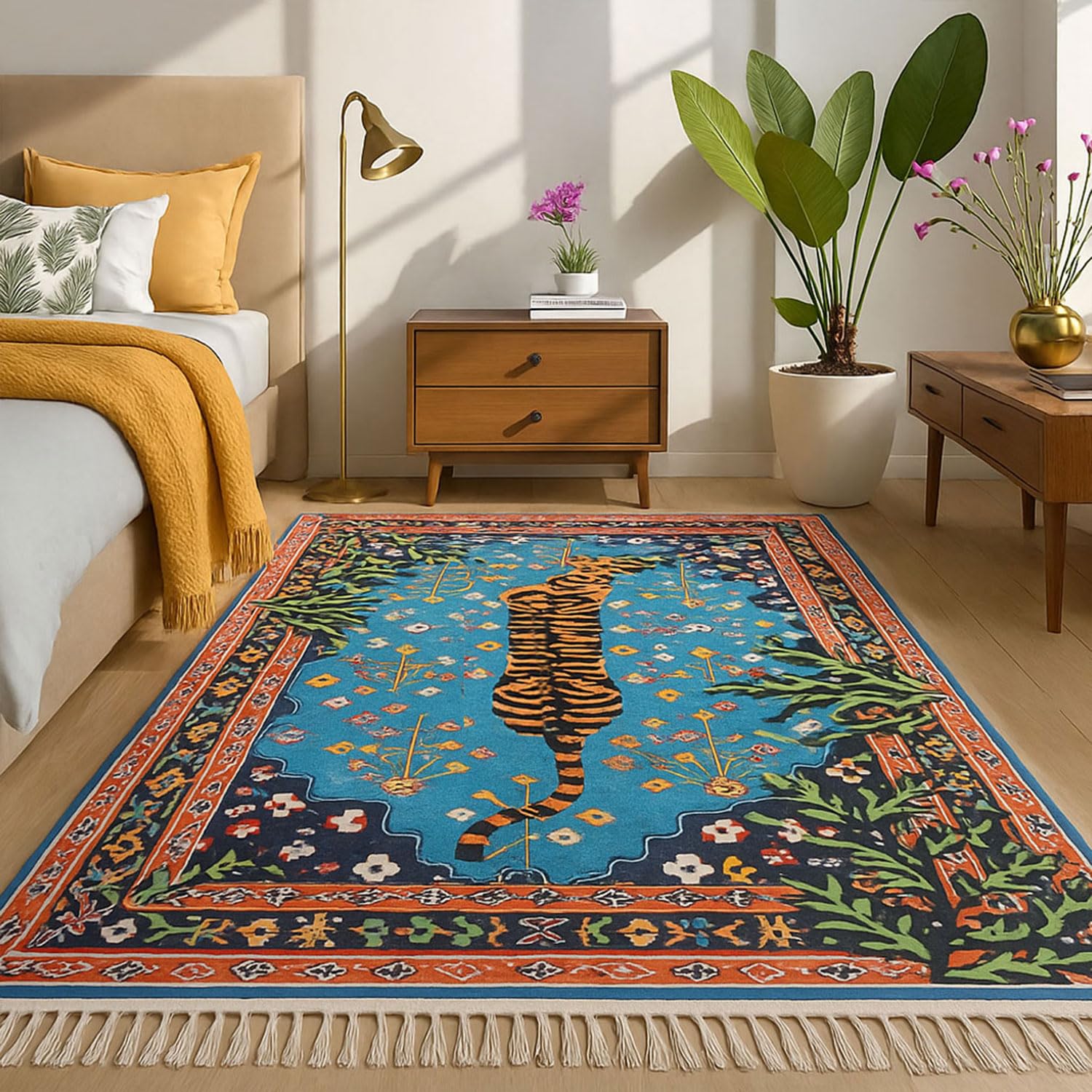 Polyester Blue Tiger Design Carpets with Tassel Latex Backing (3x5ft , Multi)