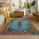 Polyester Blue Tiger Design Carpets with Tassel Latex Backing (3x5ft , Multi)