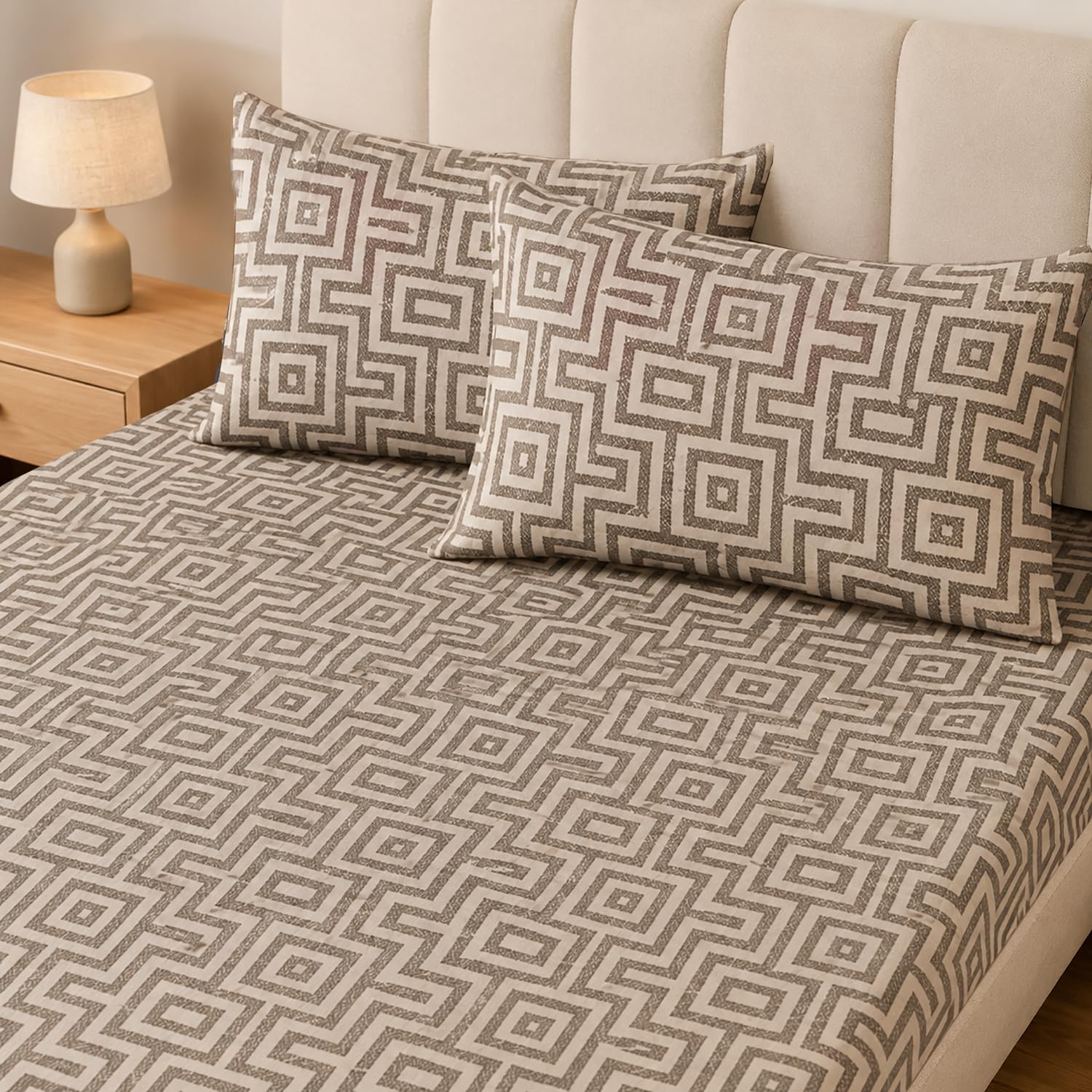 Double Bedsheet with 2 Pillow Covers Premium 240 TC 100% Cotton Feel ( King Size  Beige 108x108inch )
