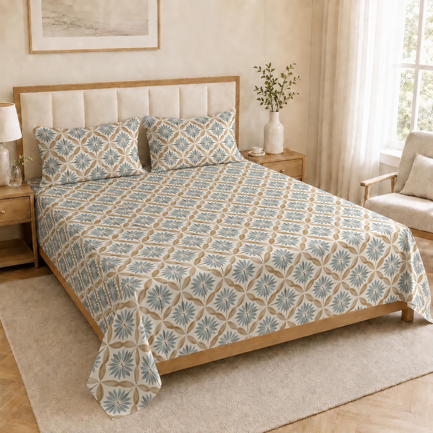 Double Bedsheet with 2 Pillow Covers Premium 240 TC 100% Cotton Feel King Size (108x108 inch King Size, Blue )