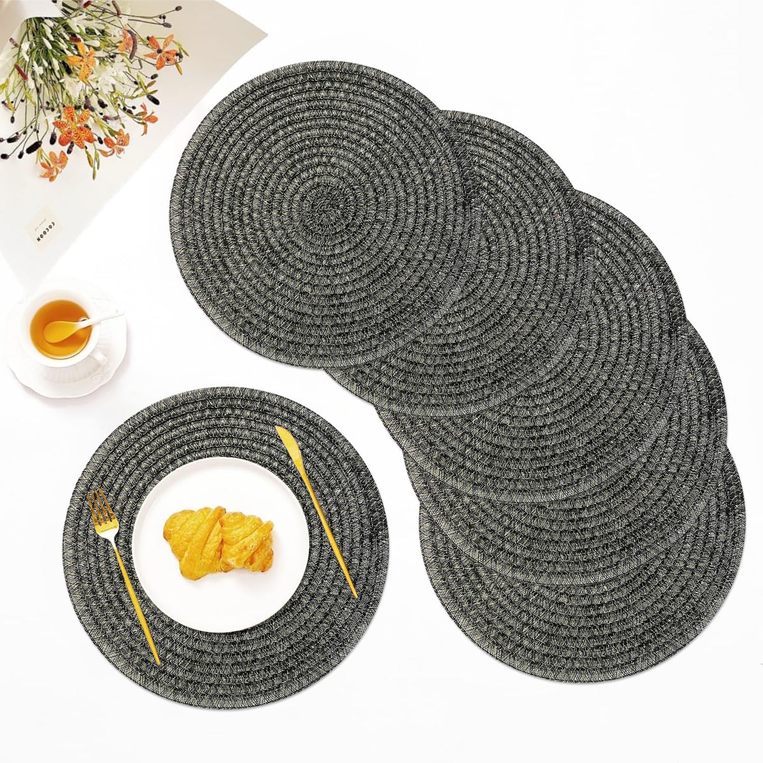 Round Table Placemats for Dining Table Set of 6(Black)