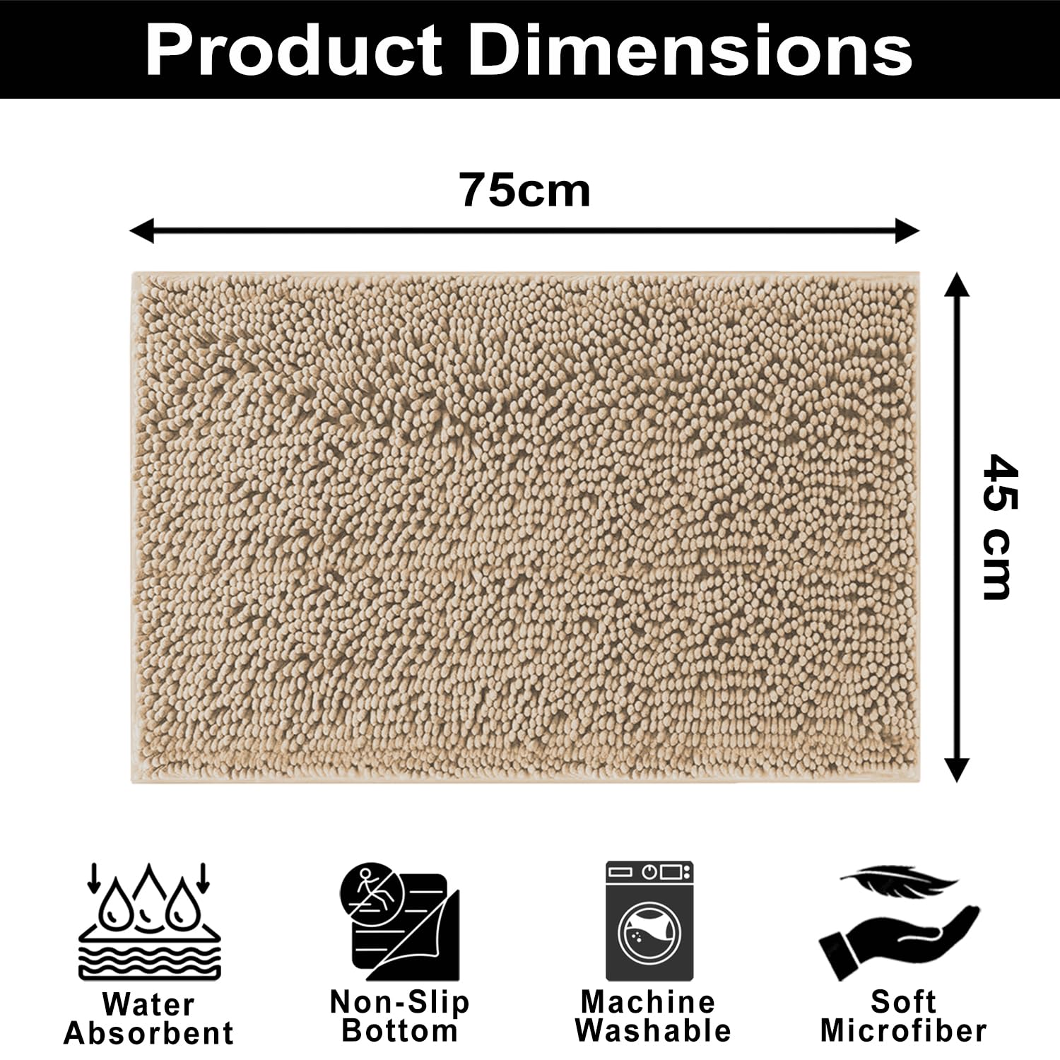 Shaggy Chenille Bath Mat Extra Soft  (45x75 cm Beige)