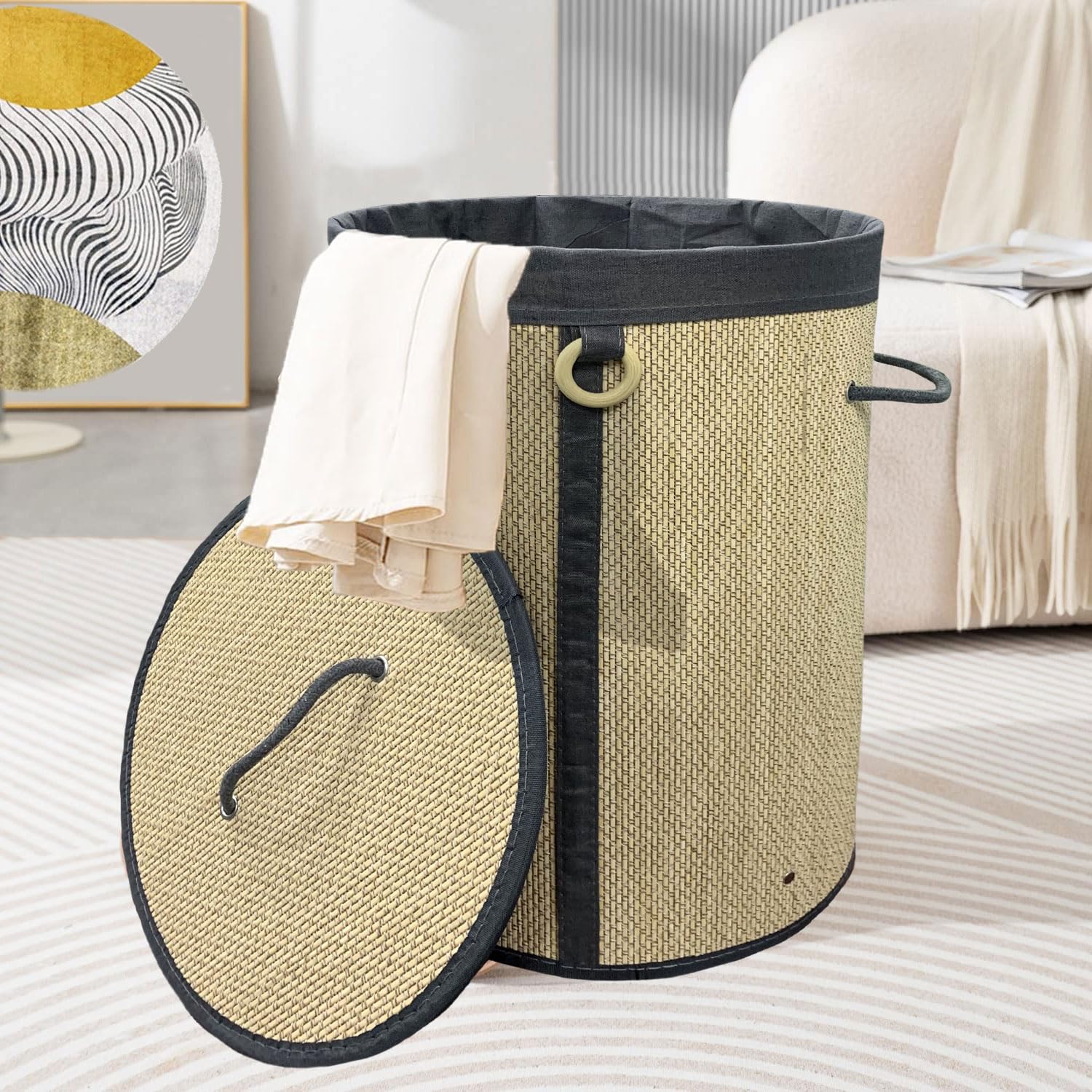 Round Bamboo Laundry Basket with Lid (Beige, 35x35x50 cm)