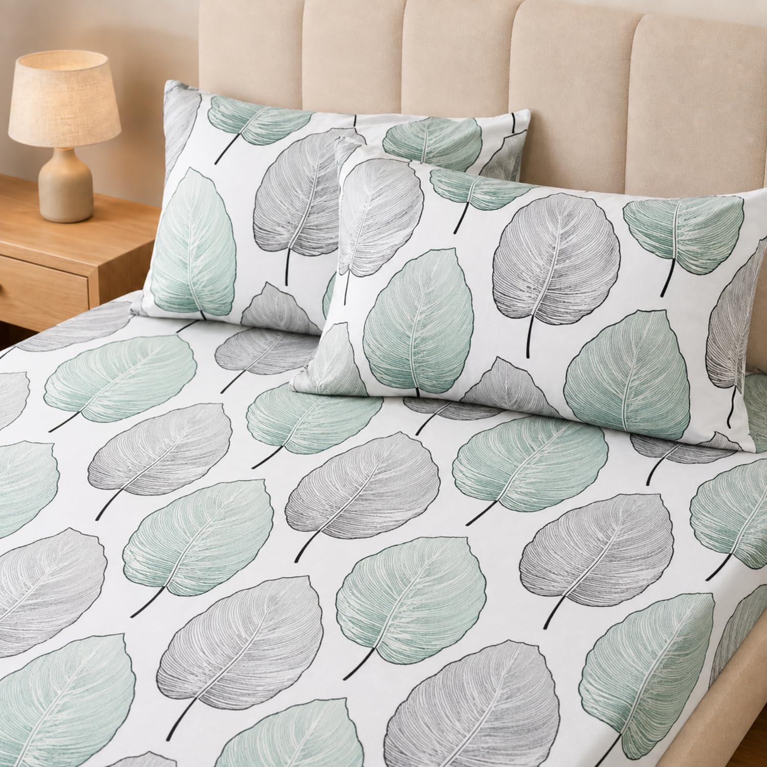 King Size Double Bedsheet with 2 Pillow Covers Premium Mint Leaf Harmony Printed  90x100inch