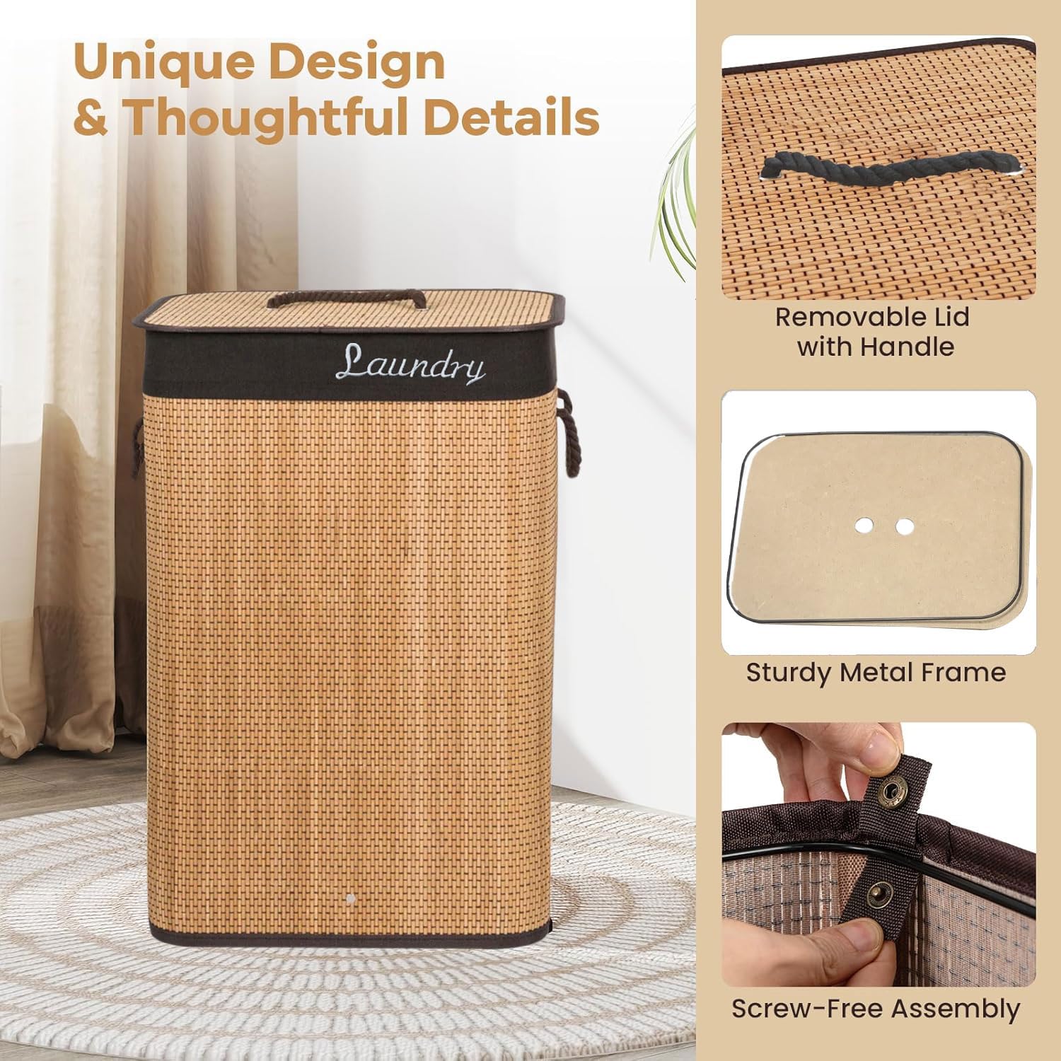Rectangle Bamboo Laundry Basket with Lid (Natural, 40x30x60 cm)