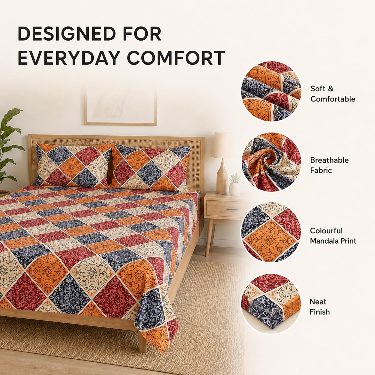 Queen Size Double Bedsheet With 2 Pillow Covers Leefs Pattern 90x90 Inch