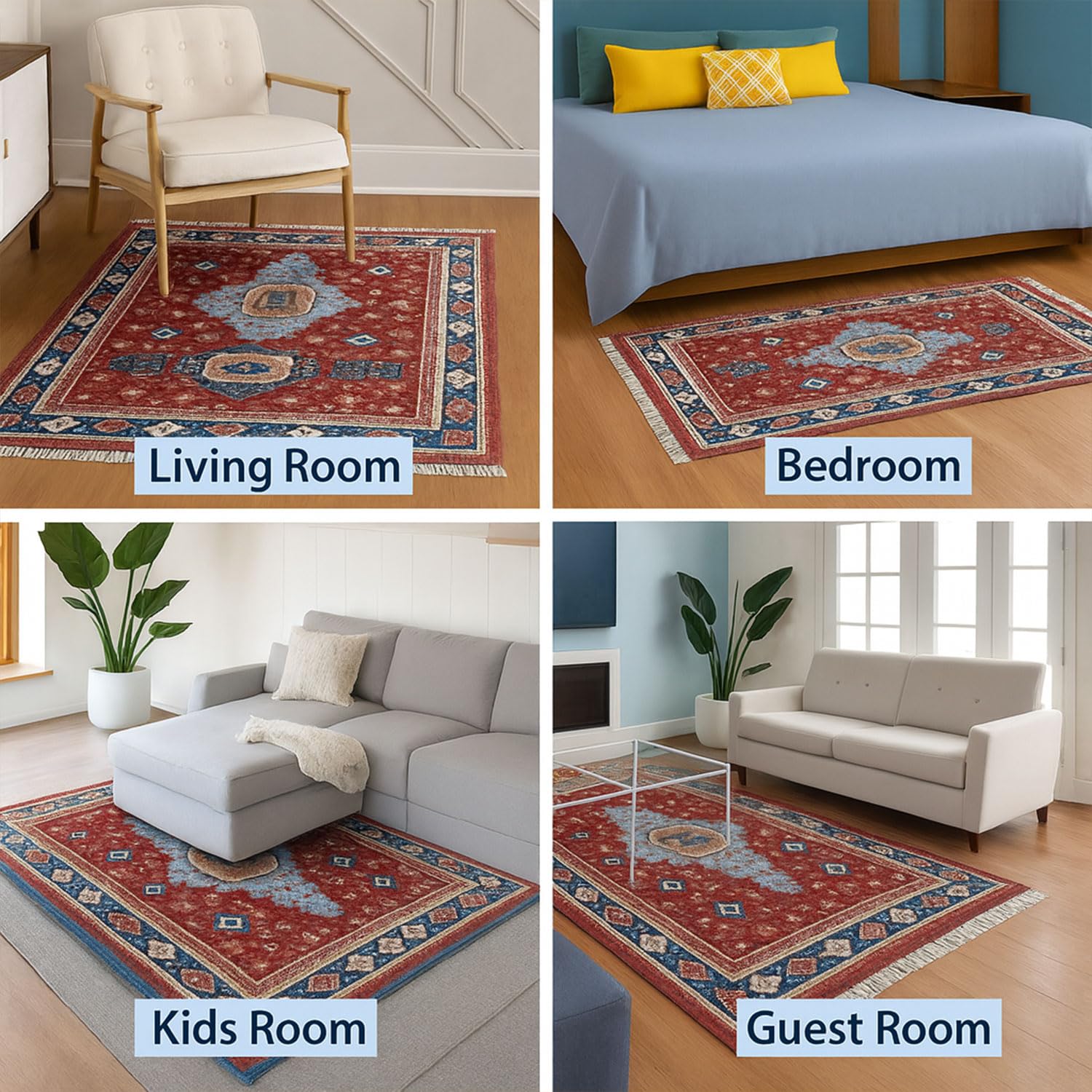 Polyester Killim Design Carpets with Tassel Latex Backing (4x6 ft, Multi)