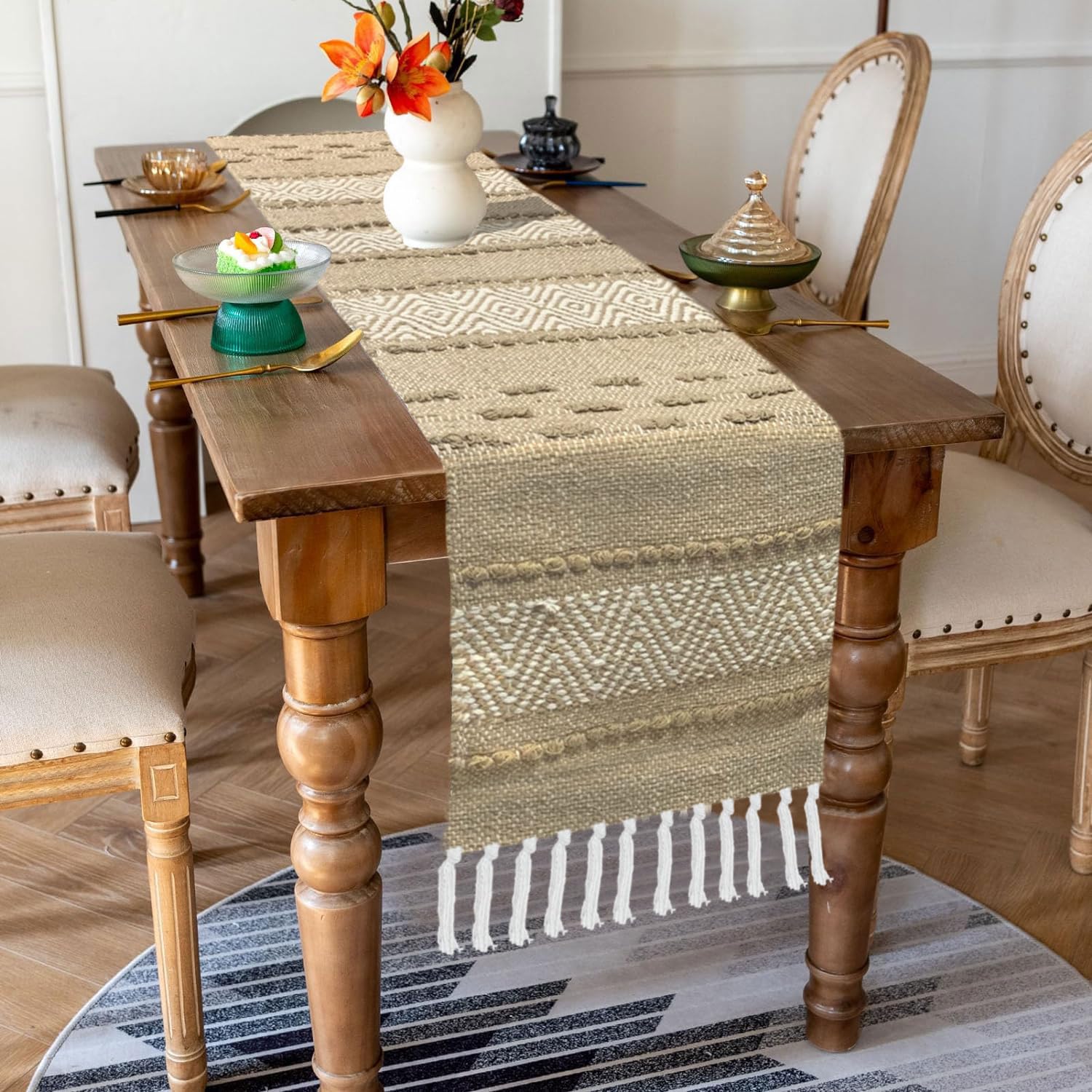 Table Runner with Tassels ZigZag(Elegant Beige & White Woven  13 x 74 Inch)