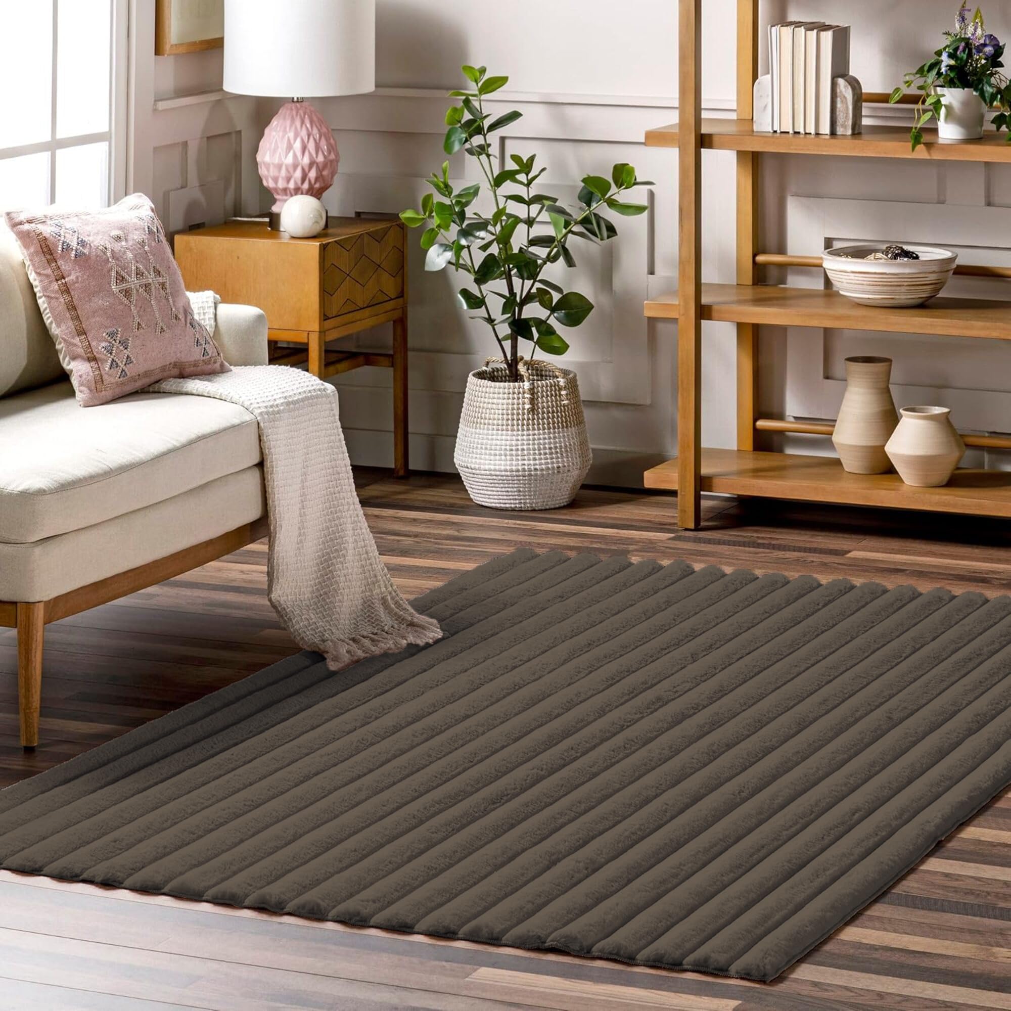 Stripe Rabbit Fur Carpet for Livingroom (3x5 Feet, Cocoa)