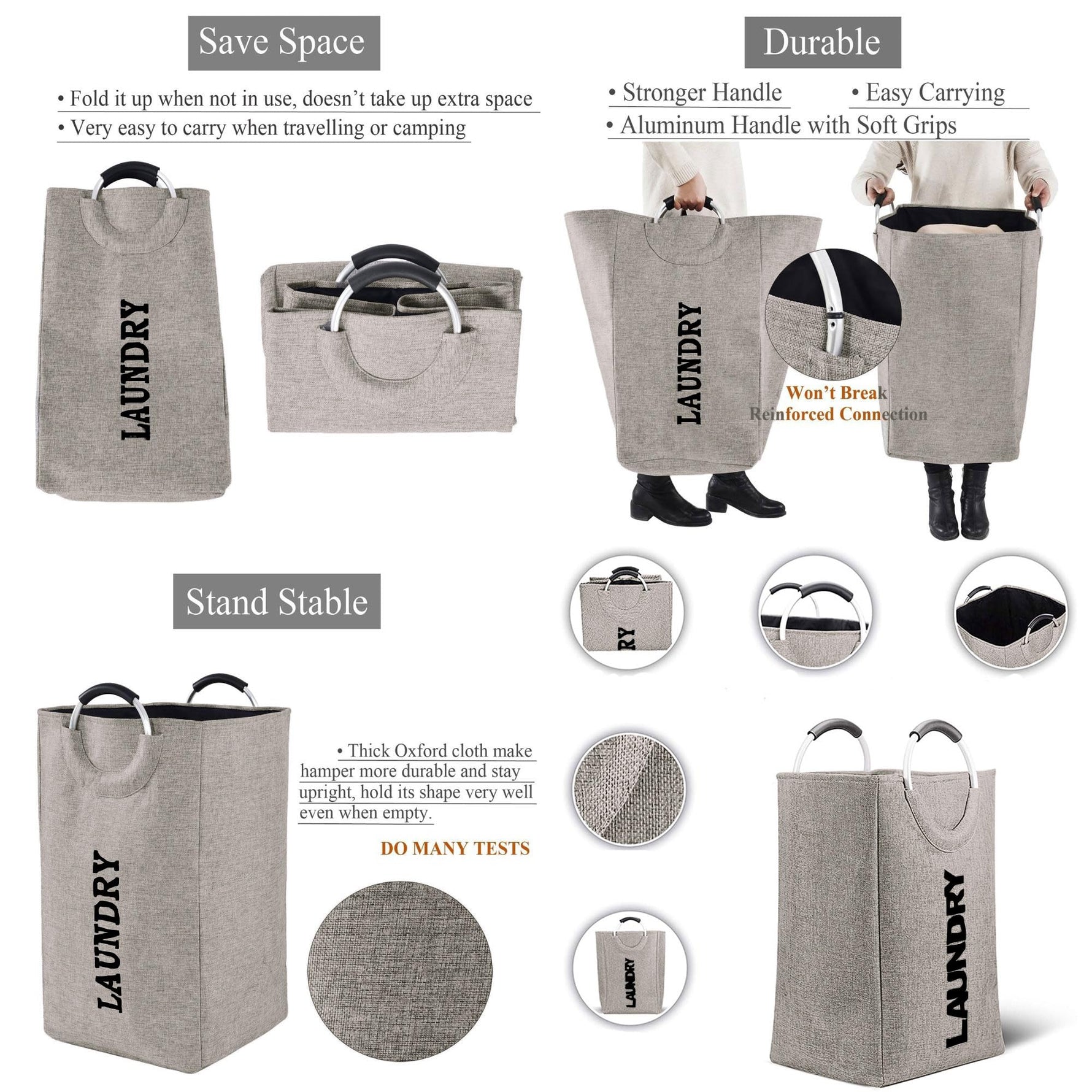 Tall Laundry Hamper with Aluminum Handles (30L x 40W x 65H cm , Beige)