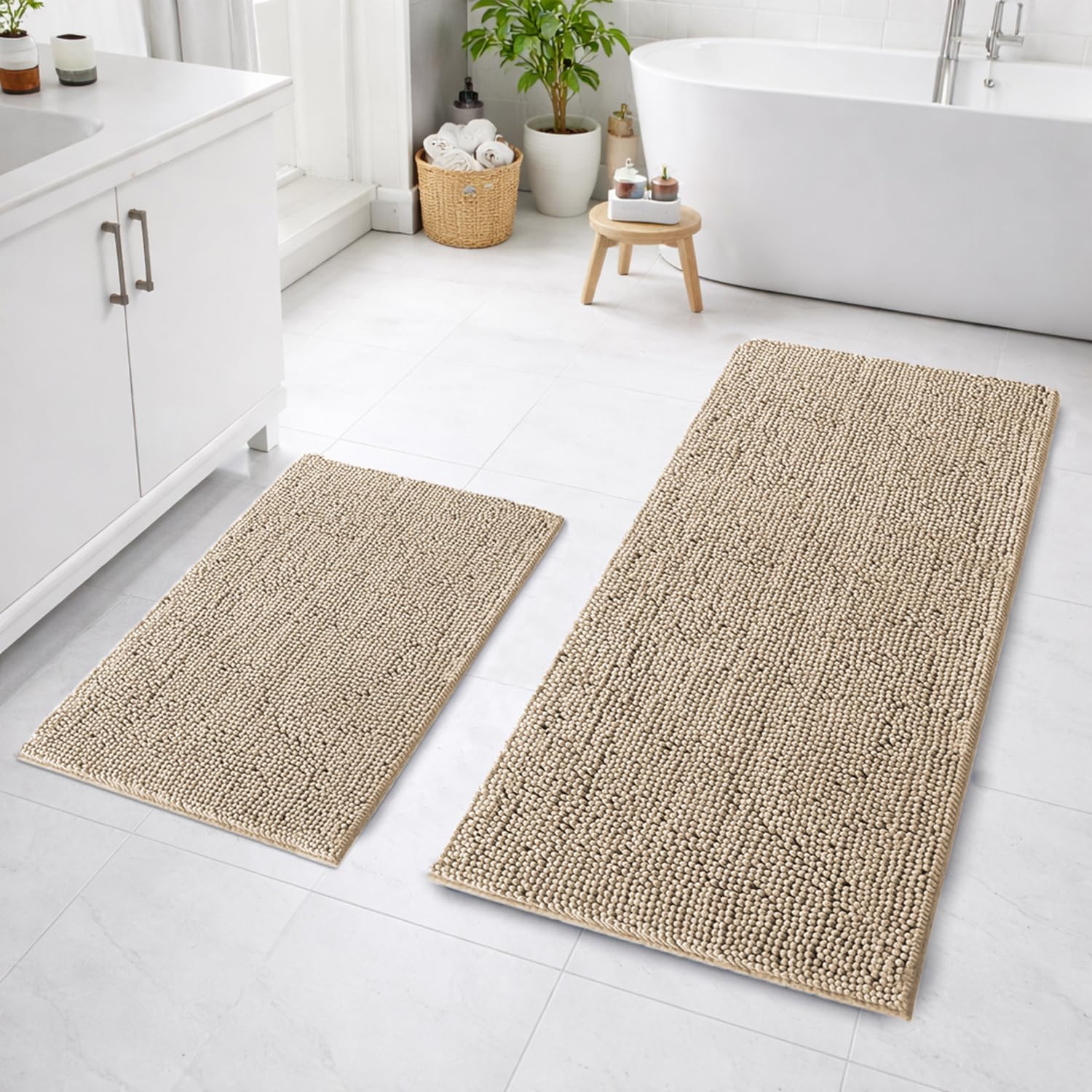 Chenille Microfiber Bath Mats Pack of 2 (45x75cm 60x120cm Beige)