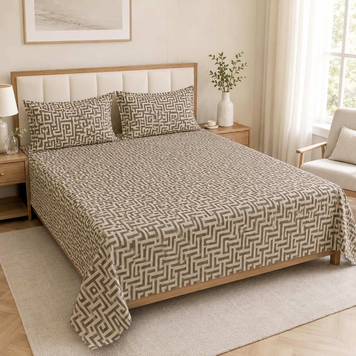 Double Bedsheet with 2 Pillow Covers Premium 240 TC 100% Cotton Feel ( King Size  Beige 108x108inch )