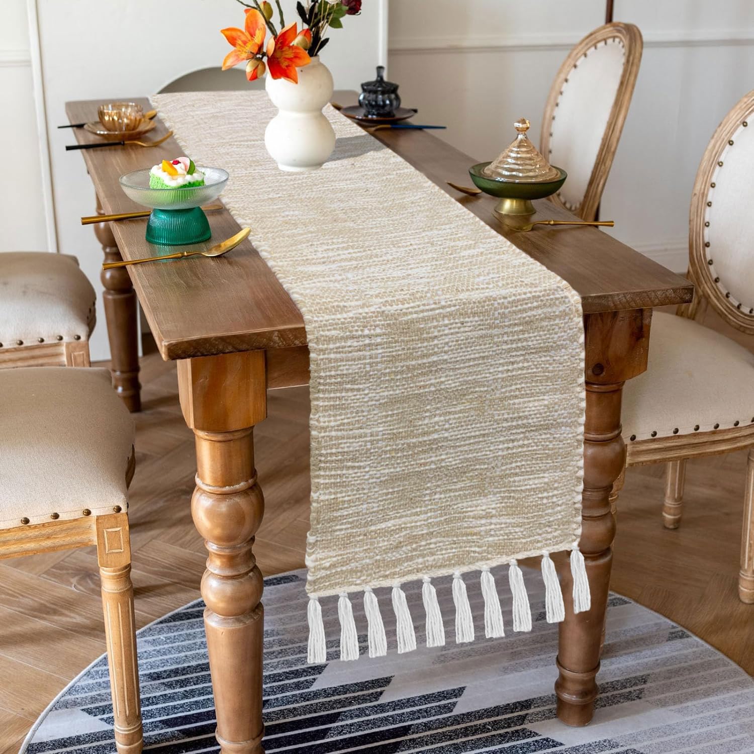 Table Runner with Tassels Textured(Elegant Beige & White Woven  13 x 74 Inch)