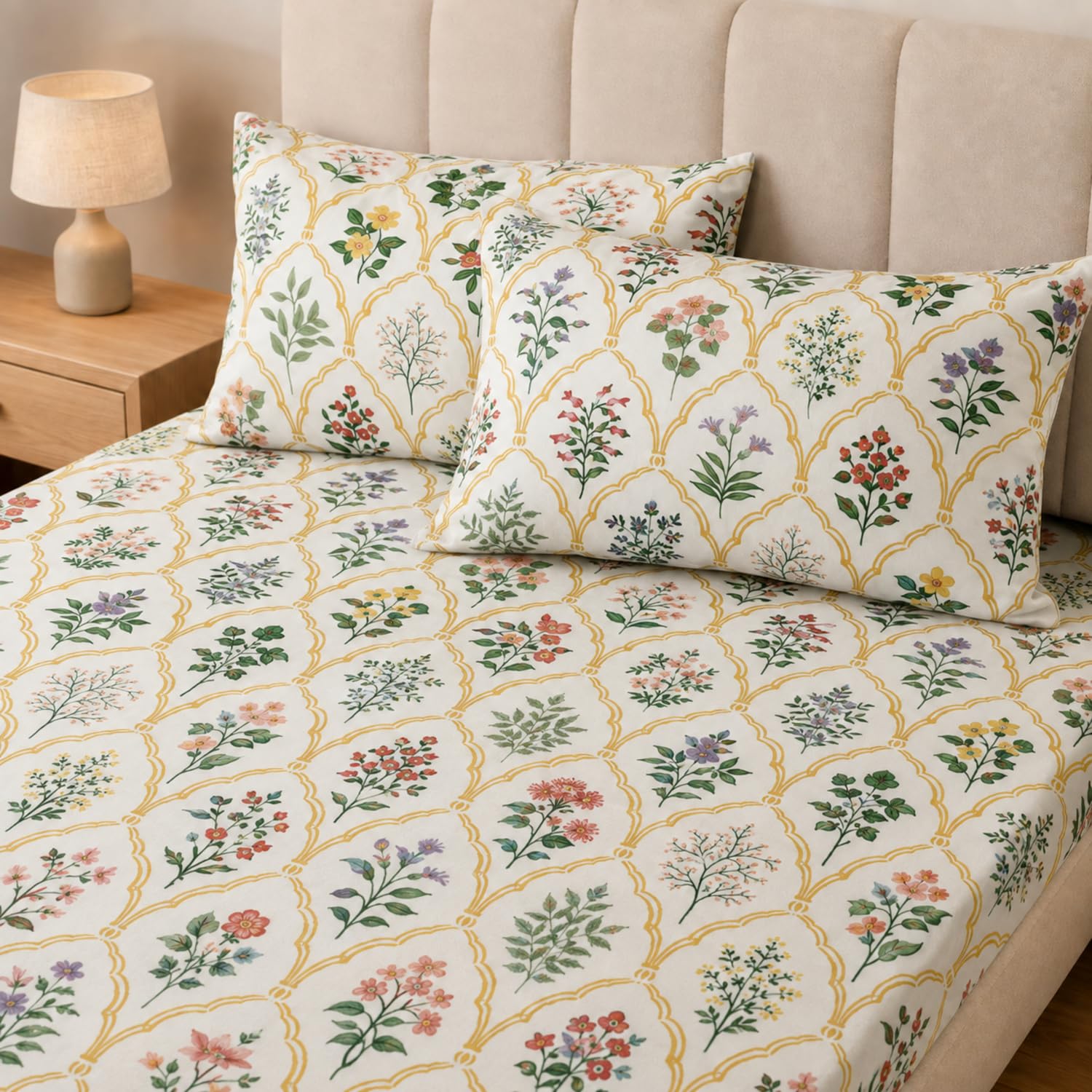 King Size Double Bedsheet with 2 Pillow Covers Premium Golden Arch Garden Printed 90 x 100