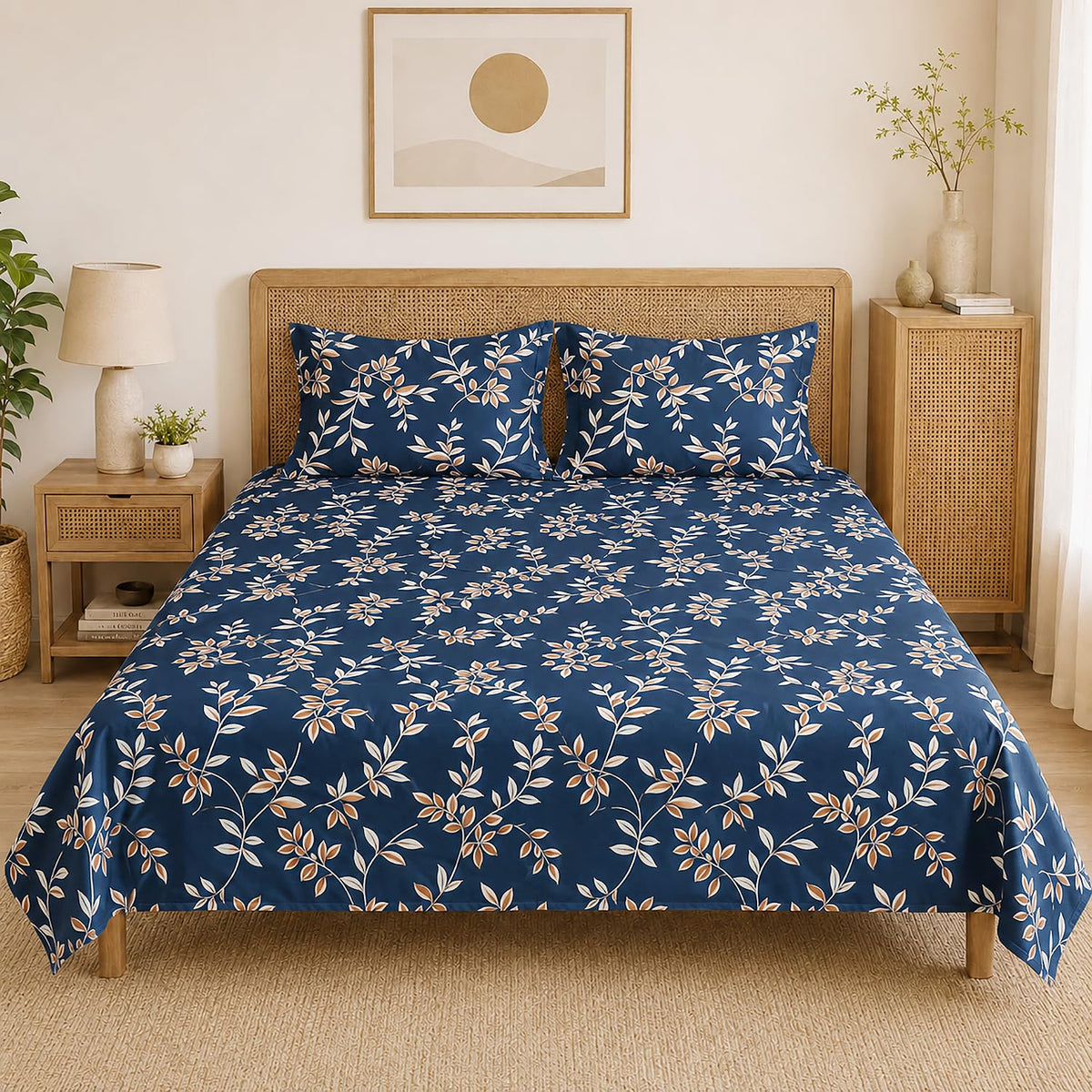 Double Bedsheet With 2 Pillow Covers Lines Pattern 200 TC 100% Cotton Feel ( Queen Size 90x90 Inch White Set Of 3 )