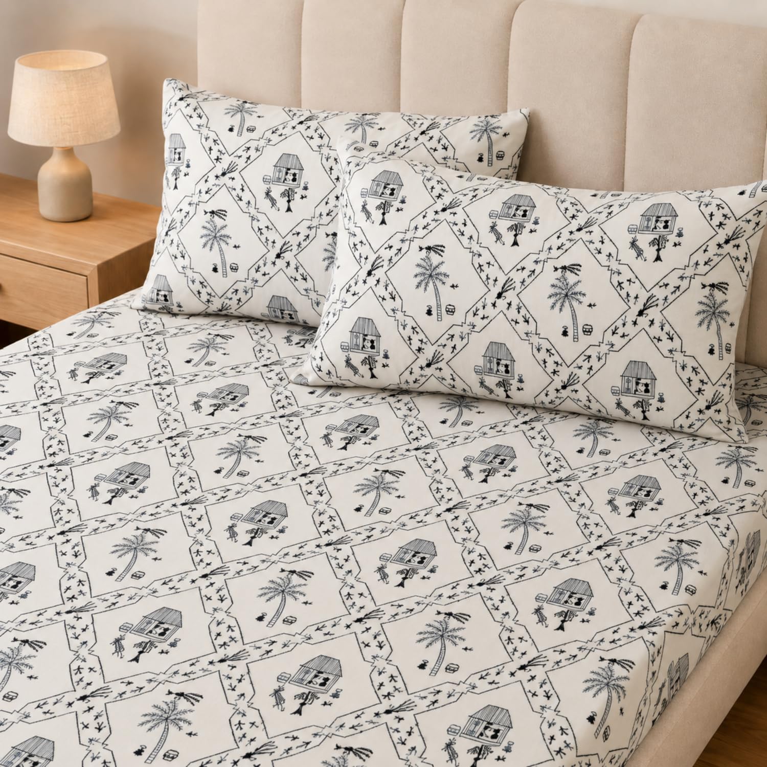 Double Bedsheet with 2 Pillow Covers Premium Indigo Village Toile Printed Soft & Breathable Bed Sheet for King Size Wrinkle Free All-Season Blue 90x100inch