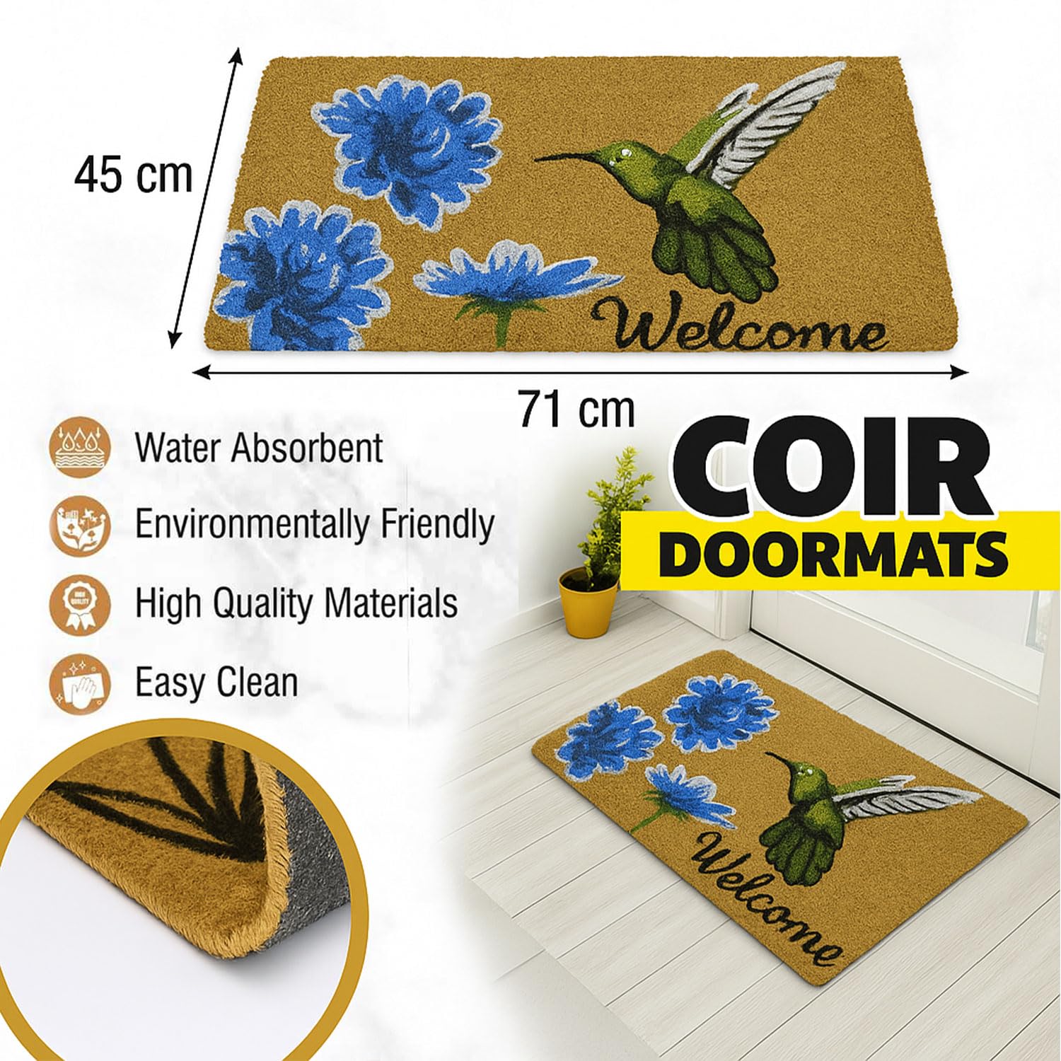 Coir Doormat for Home Entrance (Welcome Bird Print Design ,71x45 cm)