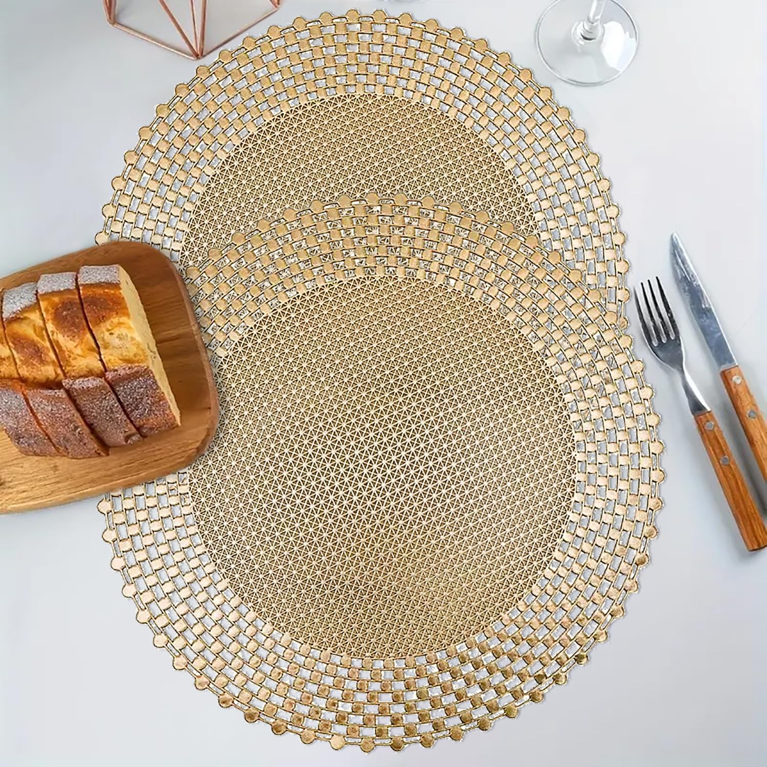 LUXE HOME INTERNATIONAL PVC Vinyl Metallic Table Round Placemats for Dining Table Gold, Heat Resistant & Waterproof | Easy to Clean Decorative Dining Mats - (Set of 2) ST085TJ-3MJ